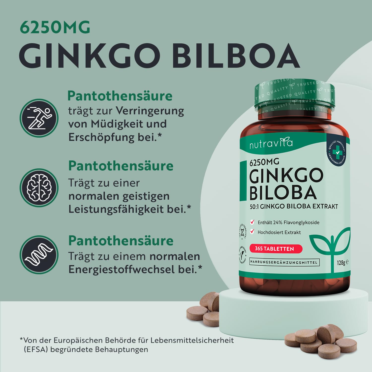 Ginkgo Biloba 6250 mg - 365 vegan Tabletten für 1 Jahr - Hochdosiert und premium Qualität Gingko - Ginko Extrakt hochkonzentriert - Extrakt 50:1 - Enthält 24% Flavonoglykoside - Nutravita
