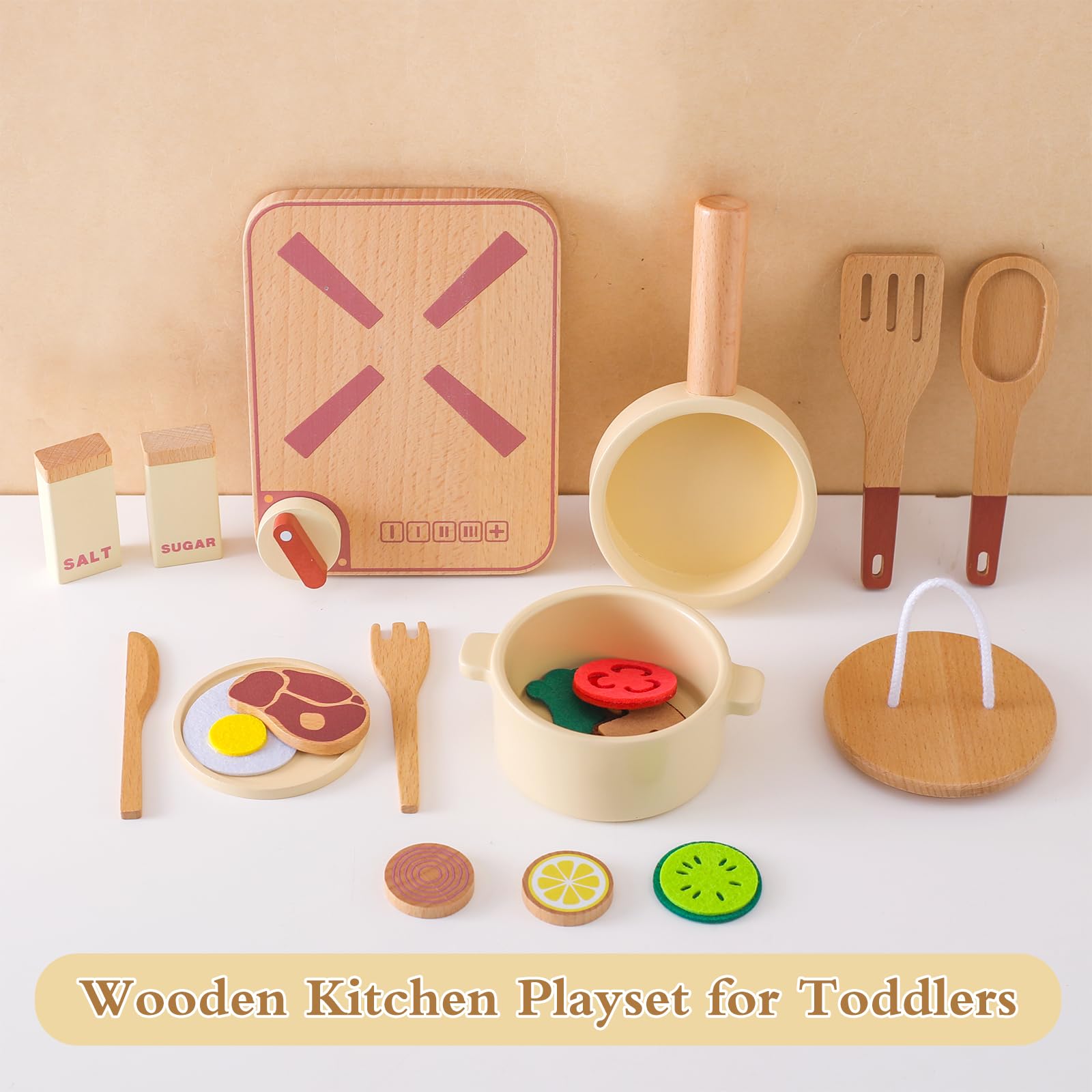 Pentole Giocattolo per Bambini, Accessori Cucina Giocattolo Legno, Set di Pentole e Padelle in Legno, Utensili Cucina Bambini con Posate e Cibo, Giochi di Ruolo per 3 4 5 6 Anni