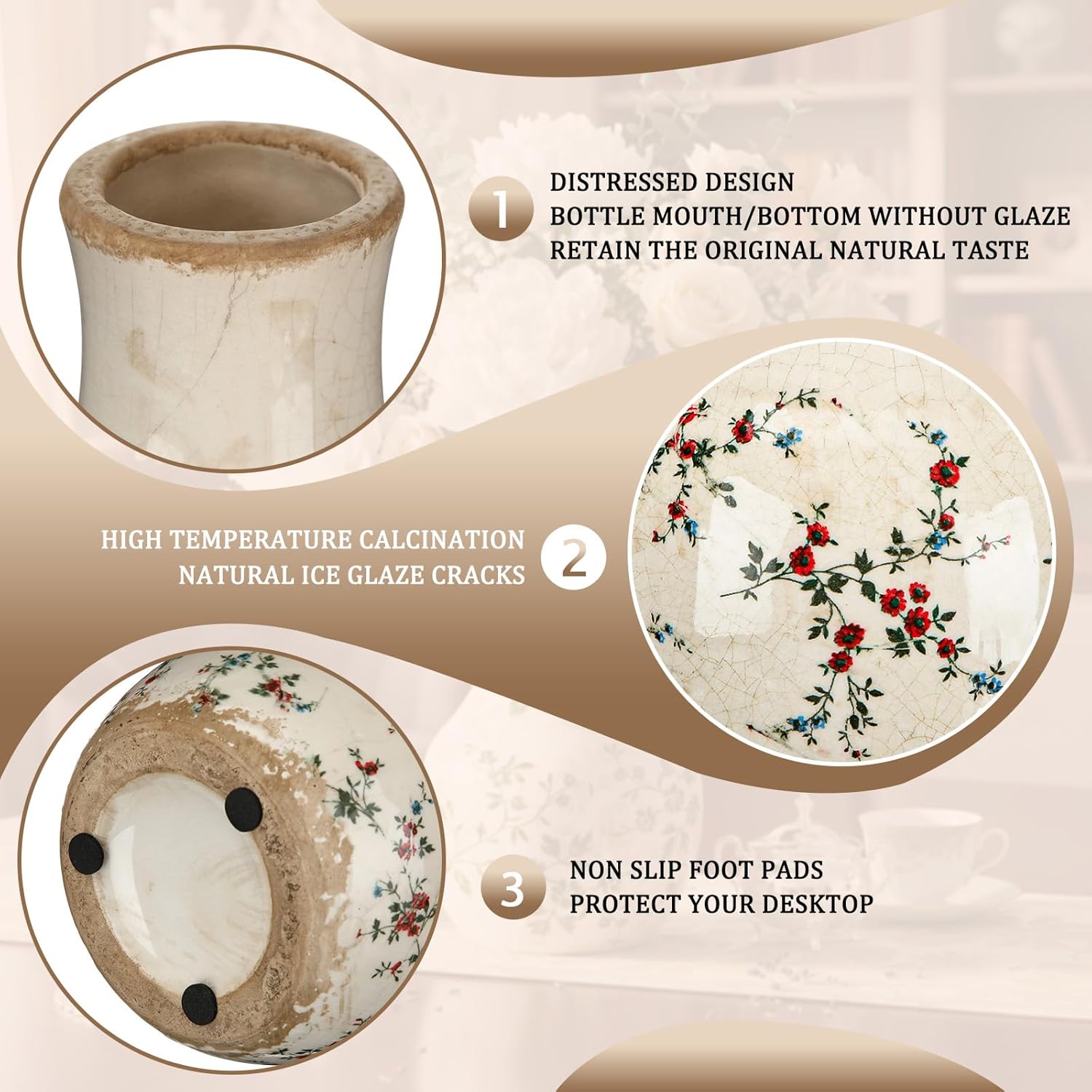 LemonRoad Vintage Ceramic Flower Vase 5.7 Inch Chinoiserie Ice Cracked Glaze Porcelain Vase Rustic Ceramic Large Centerpieces for Home Table Living Room Bookshelf Office(Rose Style)