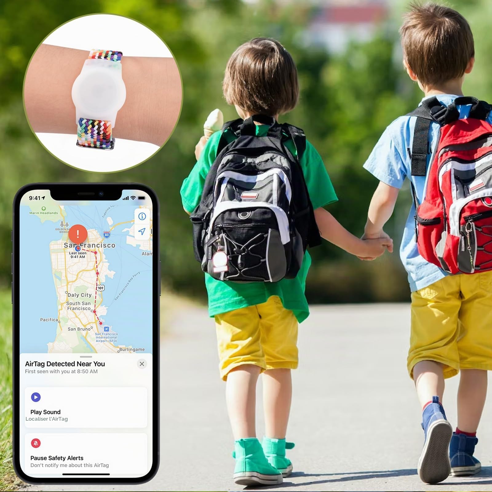 Vancle Bracelet Airtag Enfants, élastique Bracelet de Rechange, Coque Résistant aux Rayures, Facile à Porter, Couverture de Protection en Nylon Tressée pour Enfants et âgés, Arc Ciel