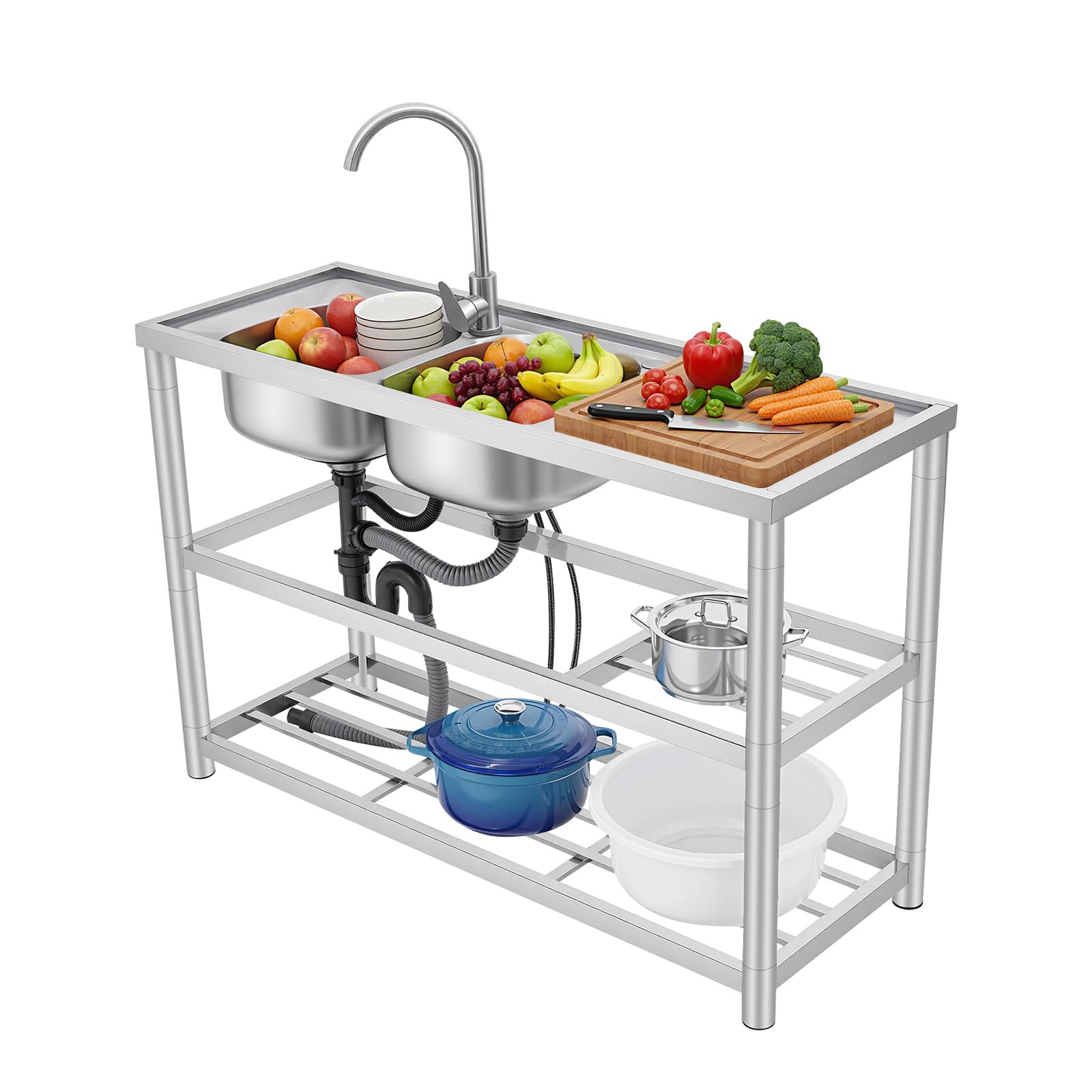 Lavello da cucina in acciaio inox 2 vasche 3 livelli, freestanding lavandino in acciaio inox, doppio lavello da cucina con rubinetto caldo e freddo, Lavabo commerciale indipendente, 120 x 45