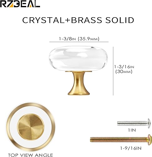 Miniatura 2 de RZDEAL 4 pomos de cristal de cristal y latón para cajones, tiradores de tocador, herrajes dorados para cajones de cocina (redondos de 1-38 pulgadas)