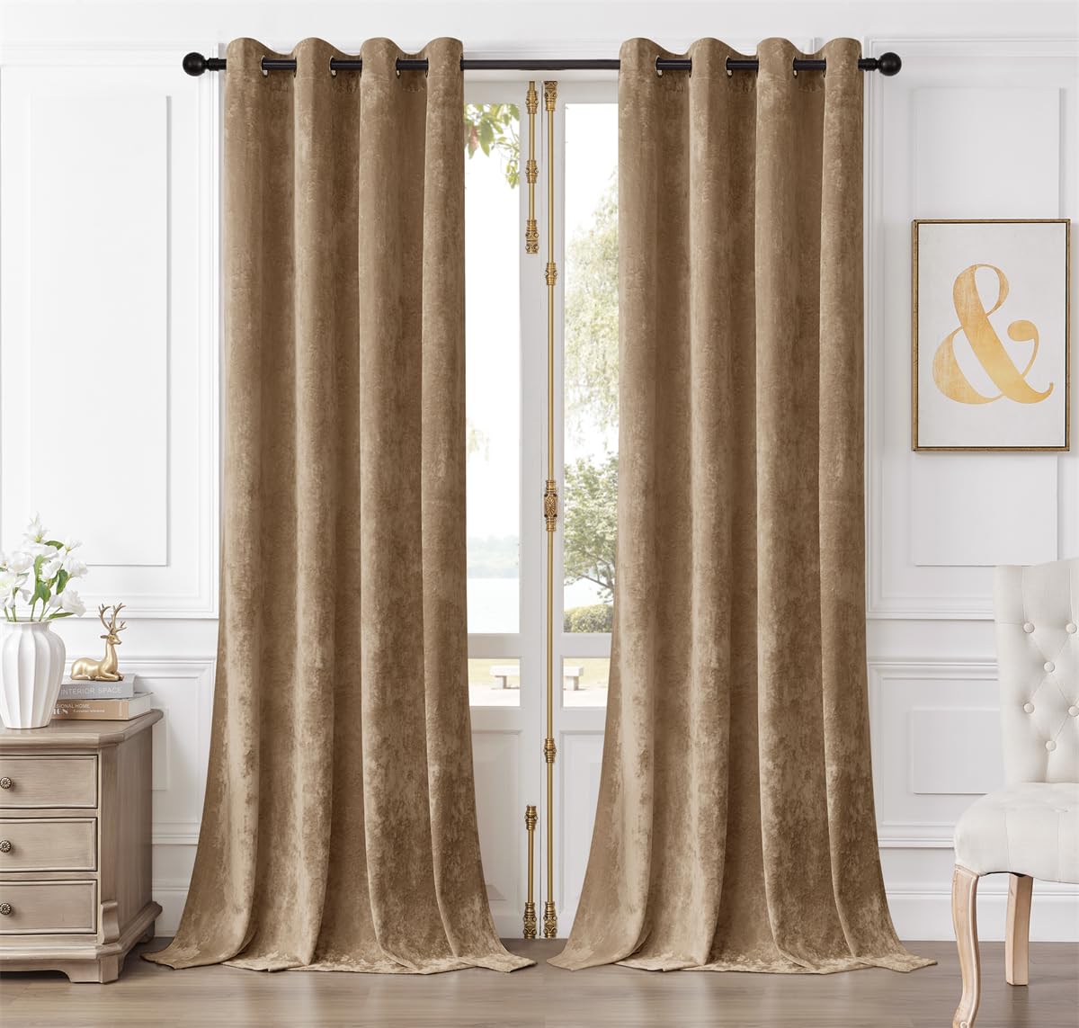 SMILETIME Amber Beige Crushed Velvet Curtains 52x84 inch Luxurious Thermal Insulated Soundproof Drapes for Living Room Bedroom Office Soft and Durable Light-Filtering Window Treatments, 2 Panels