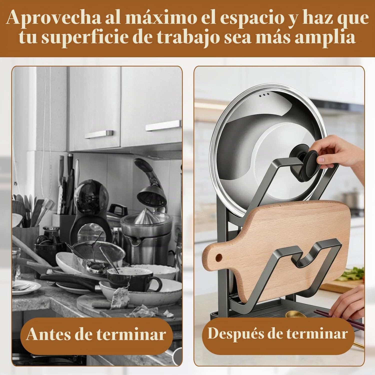 Organizador de tapa de olla con soporte, Organizador de tapa de olla con Bandeja Extraíble para Goteos, Soporte de tapa de olla de acero inoxidable de 2 capas, para cuchara para encimera de cocina