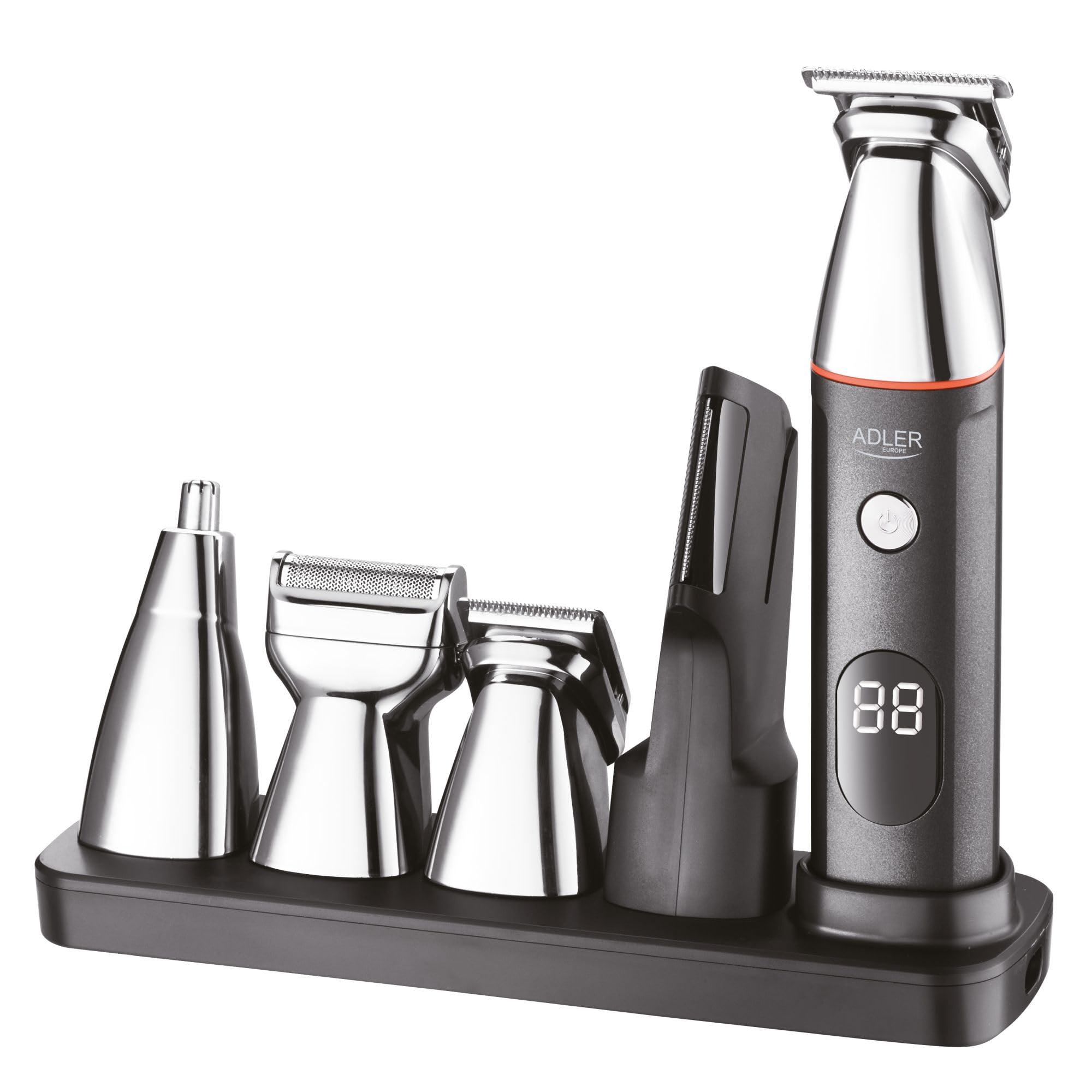 Adler AD 2946 Trymer do Brody 5w1 z LCD, Czas pracy 60 min, Bateria 600 mAh, Stacja Ładująca, Czarny
