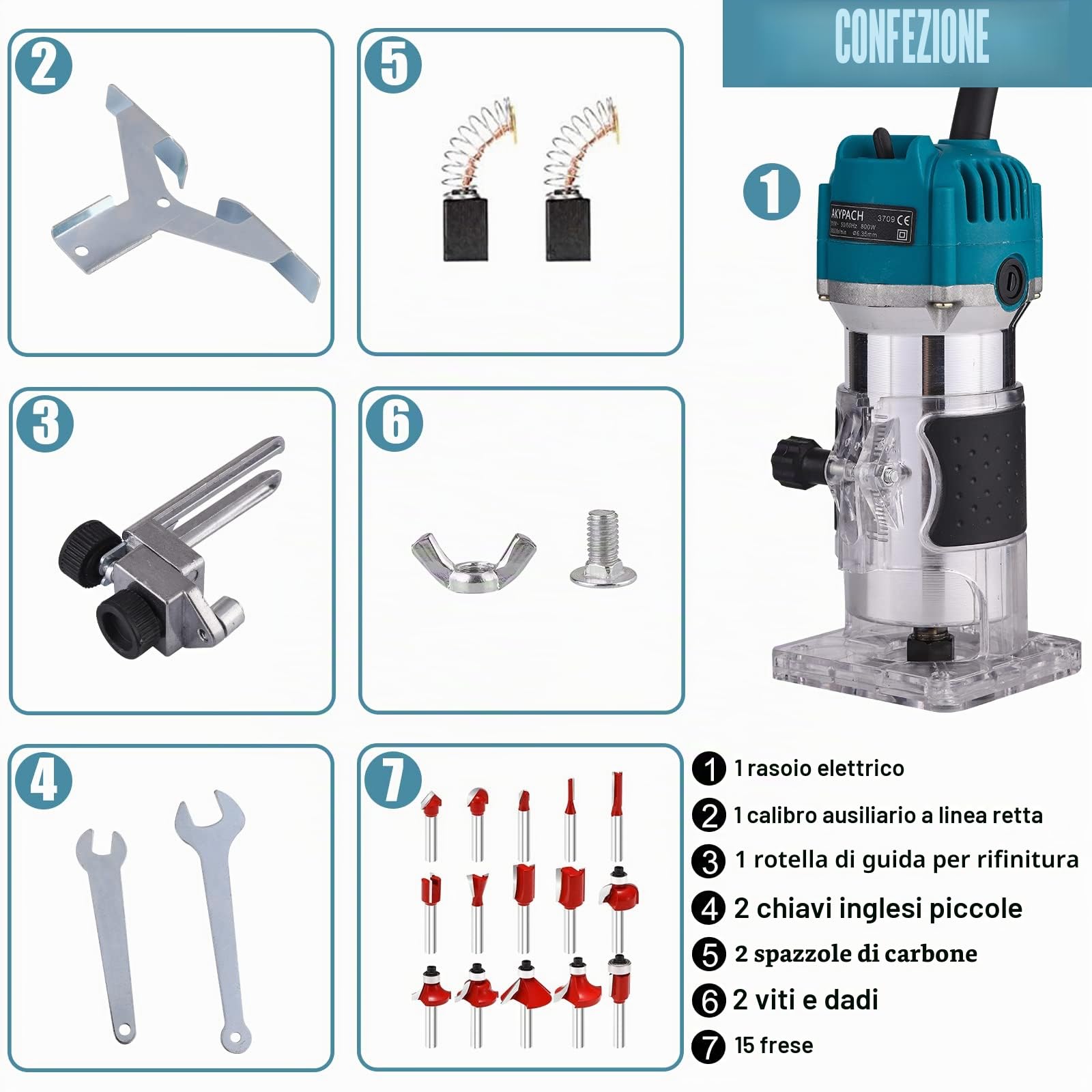 Utensile per fresatura in legno, taglierina elettrica manuale, fresatrice per laminazione, incisione, macchina a mano, Joiner 110 V, 800 W, con 15 pezzi di punte per fresatura a taglio