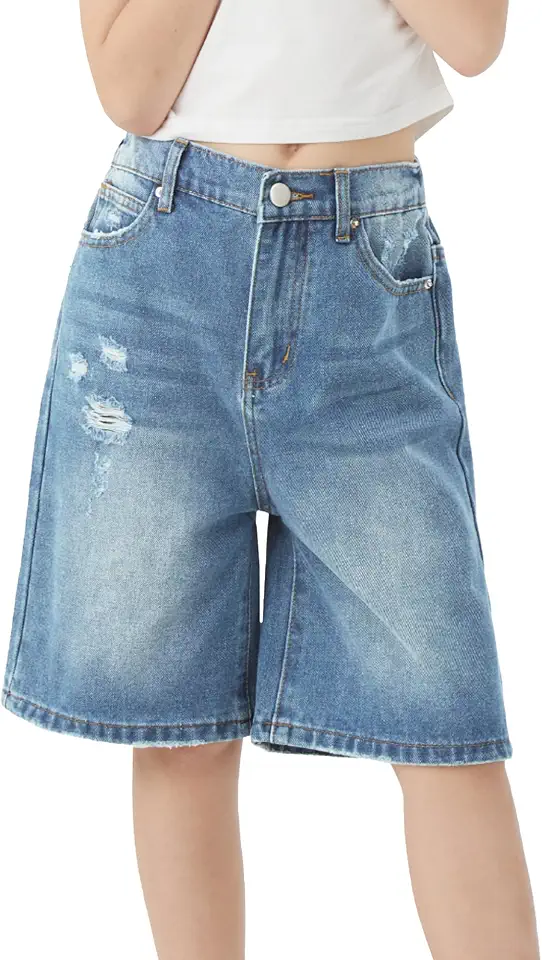 Handfrog Girls Jeans Shorts Ripped Denim Bermuda Elastic Waist Bottom Trendy Cotton Summer Clothes for Kids