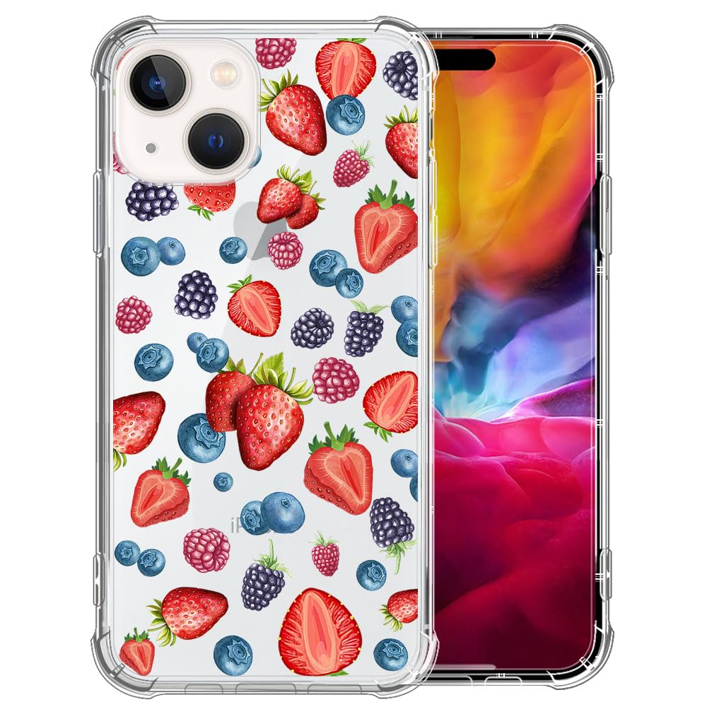 ClothxbYJ Case for iPhone 15 Plus,T1t Strawberry Blueberry Grape Clear Case Pattern Cute Cover Case for Girls Men Slim Thin Soft Shockproof Phone Case