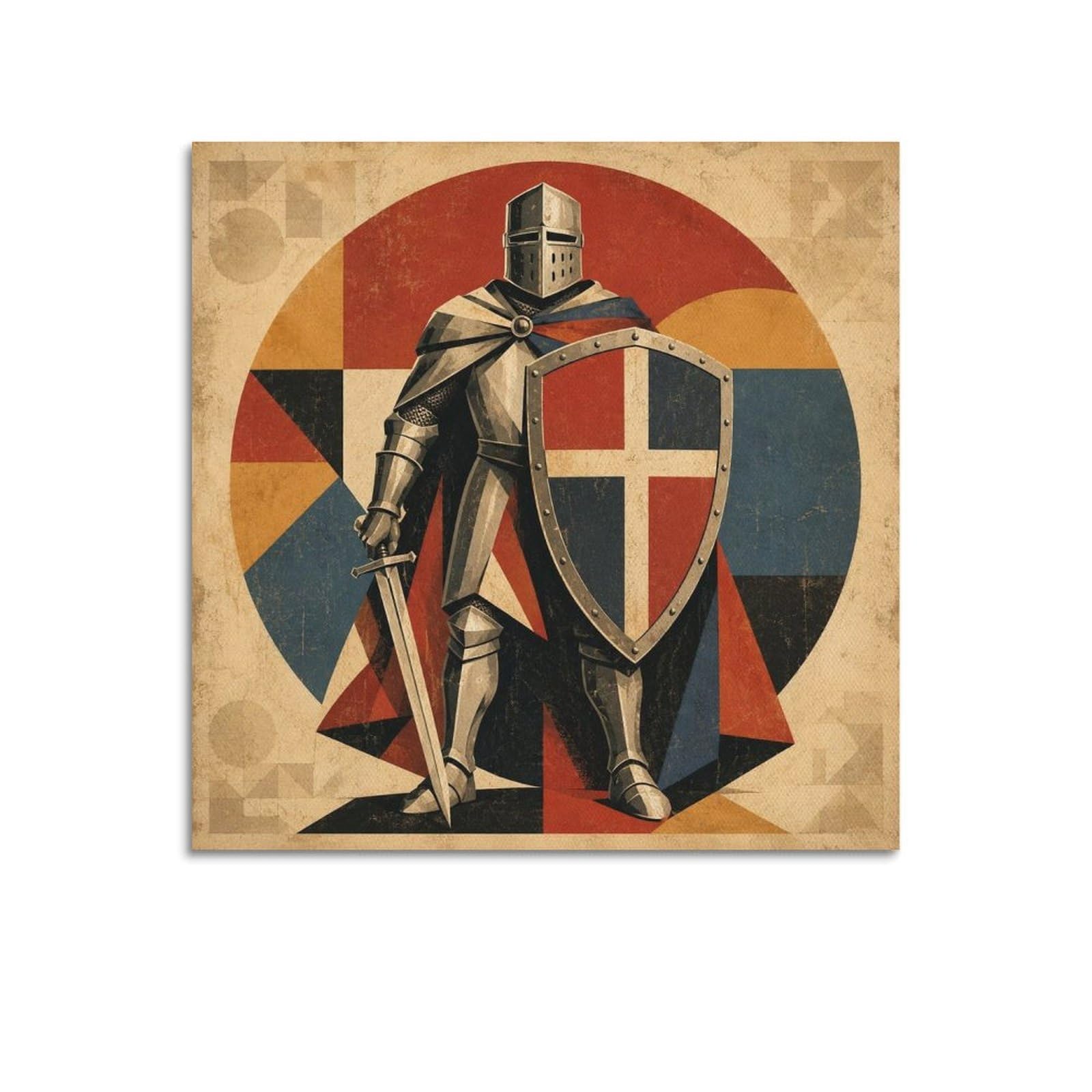 XKUGA Geometric Poster Templar Knight Badge Primary Color Shield Modern Decorative Canvas Prints - Ideal Wall Art for Family, Man Cave, Game Room, Boys & Girls Bedroom 20x20inch(50x50cm)