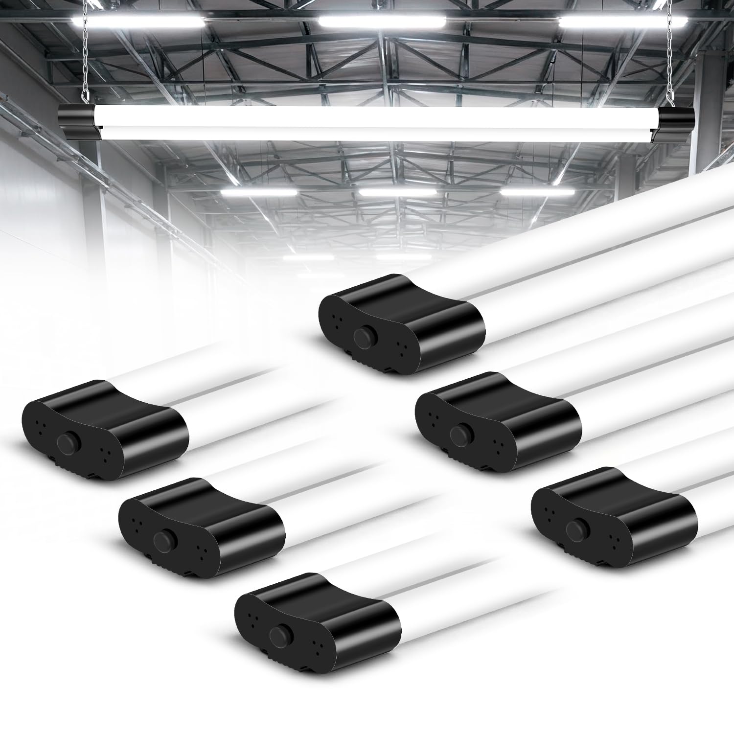 Ankishi 6Pack 4FT Led Batten Light, 40W 6500K Plug in Ceiling Light Led, 5000LM Workshop Lighting for Garage, Office, Bedroom, Living Room,Wall, Kitchen, Shed, Outdoor（Black ）