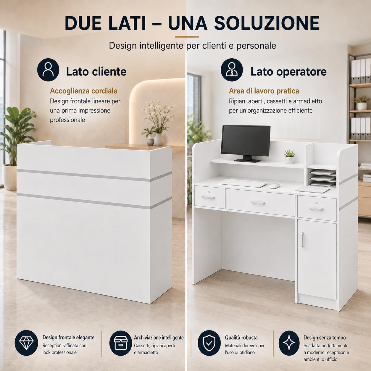 Banco reception, banco reception, tavolo con 3 cassetti e ripiani per sale aziendali, reception alberghiere, negozi di abbigliamento, bianco, 120 cmx 48 cm x 110 cm
