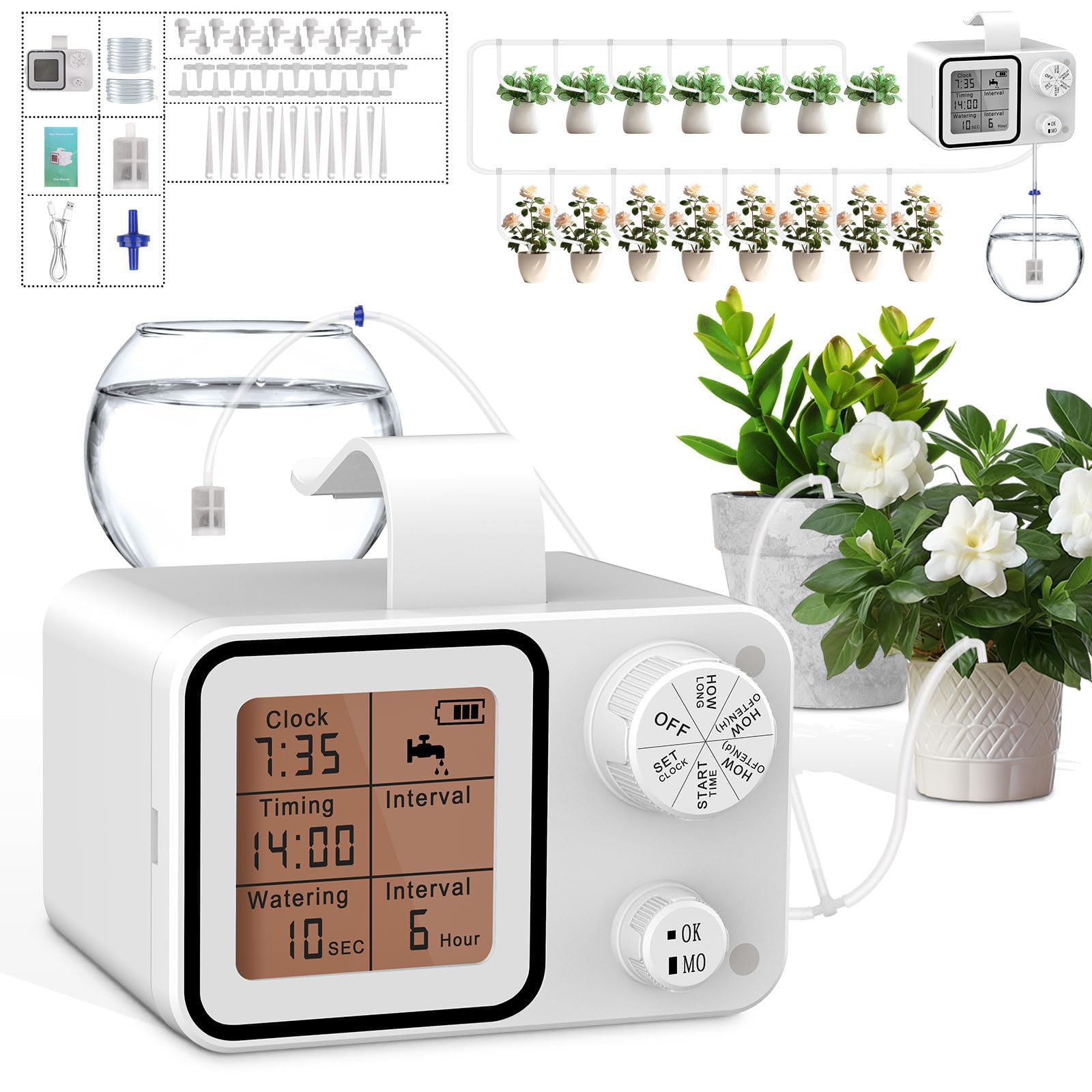 Hjh Bewässerungssystem Indoor Automatische Bewässerung Set, 15 Einstellbare Drip Tropfer & Erdanker, Programmierbare Selbstbewässerung für Garten Balkon Gewächshaus Büro Innen Urlaubsbewässerung