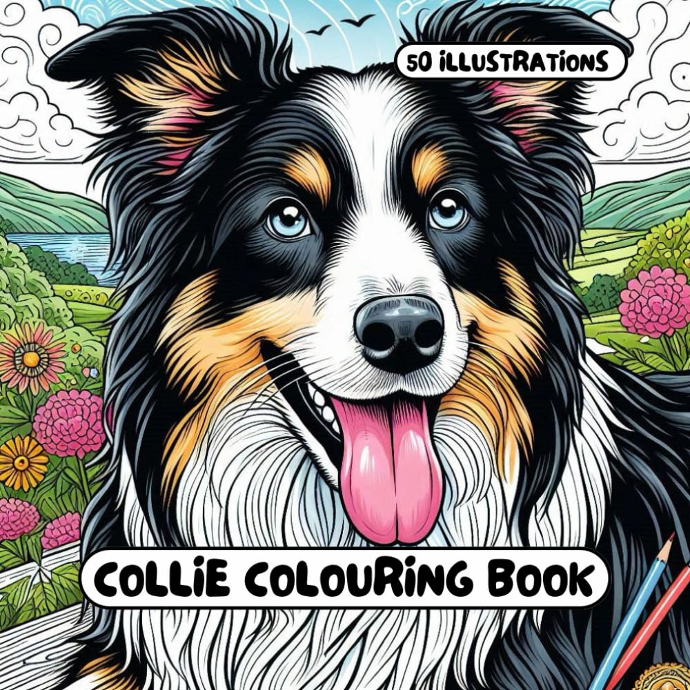 Border Collie Colouring Book (Collie): for Adults & Kids - 50 different illustrations - 8.5 x 8.5 size (Dog Colouring books)