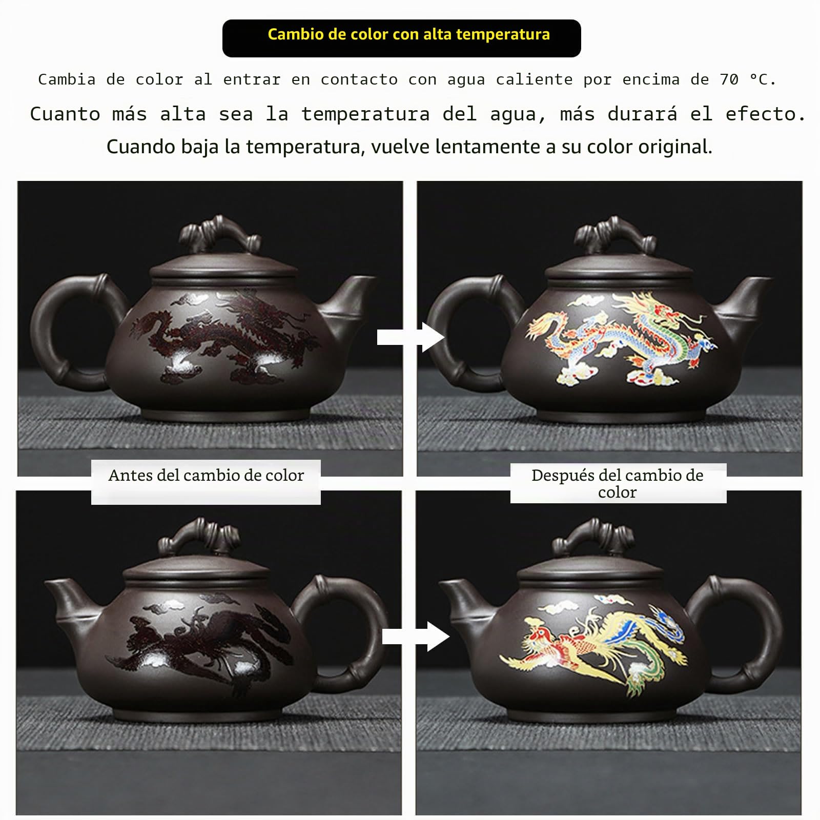 Tetera Dragón y Fénix que cambia de color,Juego de tetera y tazas de barro morado,Juego de té kung fu chino,Cerámica 1 olla 2 tazas,Con posavasos (Dragón Fénix, Con caja de regalo)