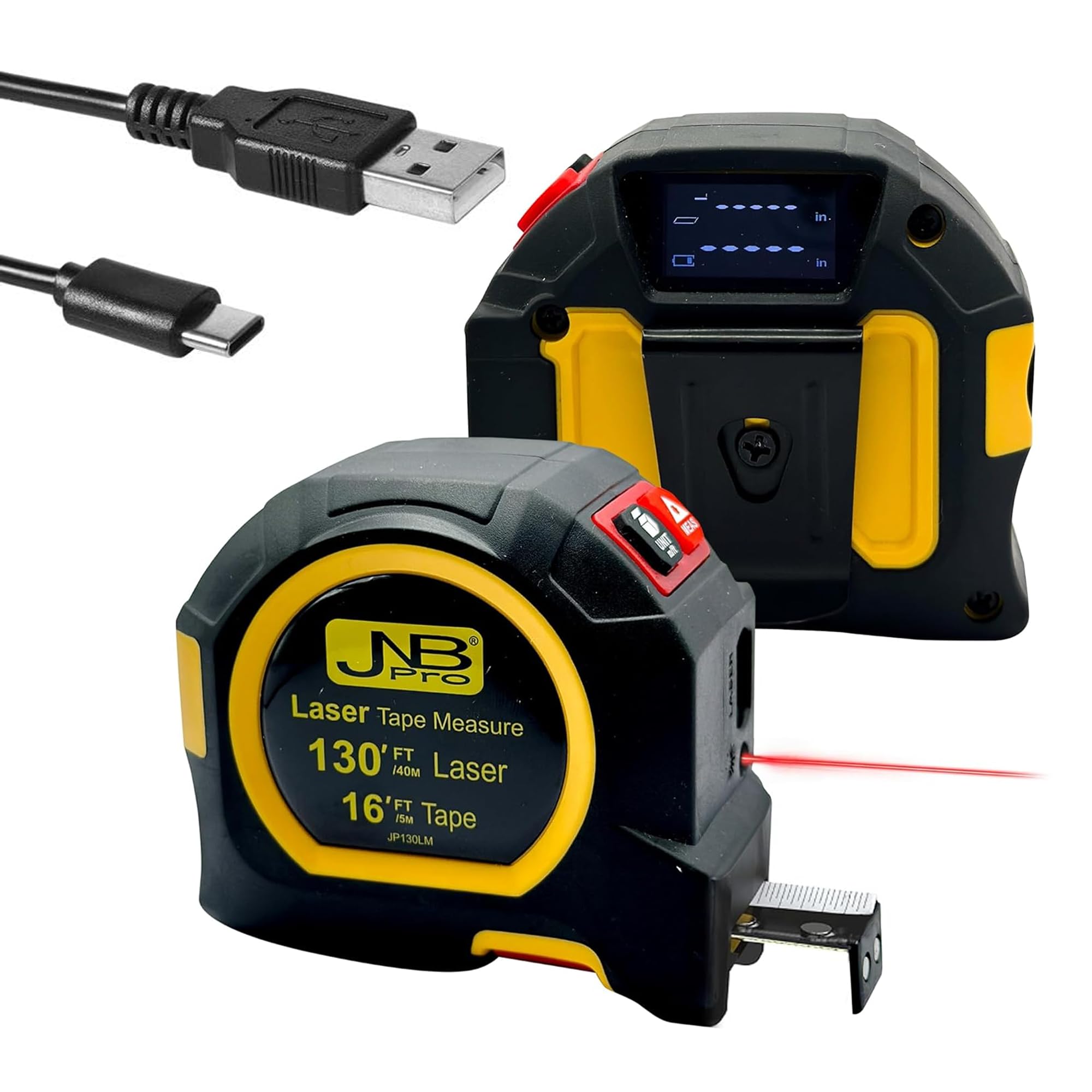 JNB Pro Digital Laser Measuring Tool with 130Ft Laser Tape Measure and 16Ft Measuring Tape, Autolock Backlit LCD Screen Digital Tape Measure - m, ft, in