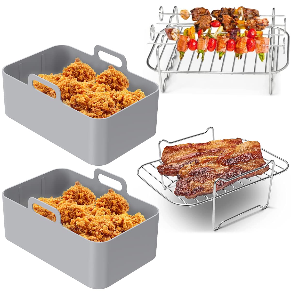 8Pcs Air Fryer Accessories Set with 2 Air Fryer Silicone Pot and Air Fryer Rack with 4 Skewer 1 Steamed Rack Reusable Air Fryer Liner with Handle Stainless Steel Air Fryer Rack (Grey)