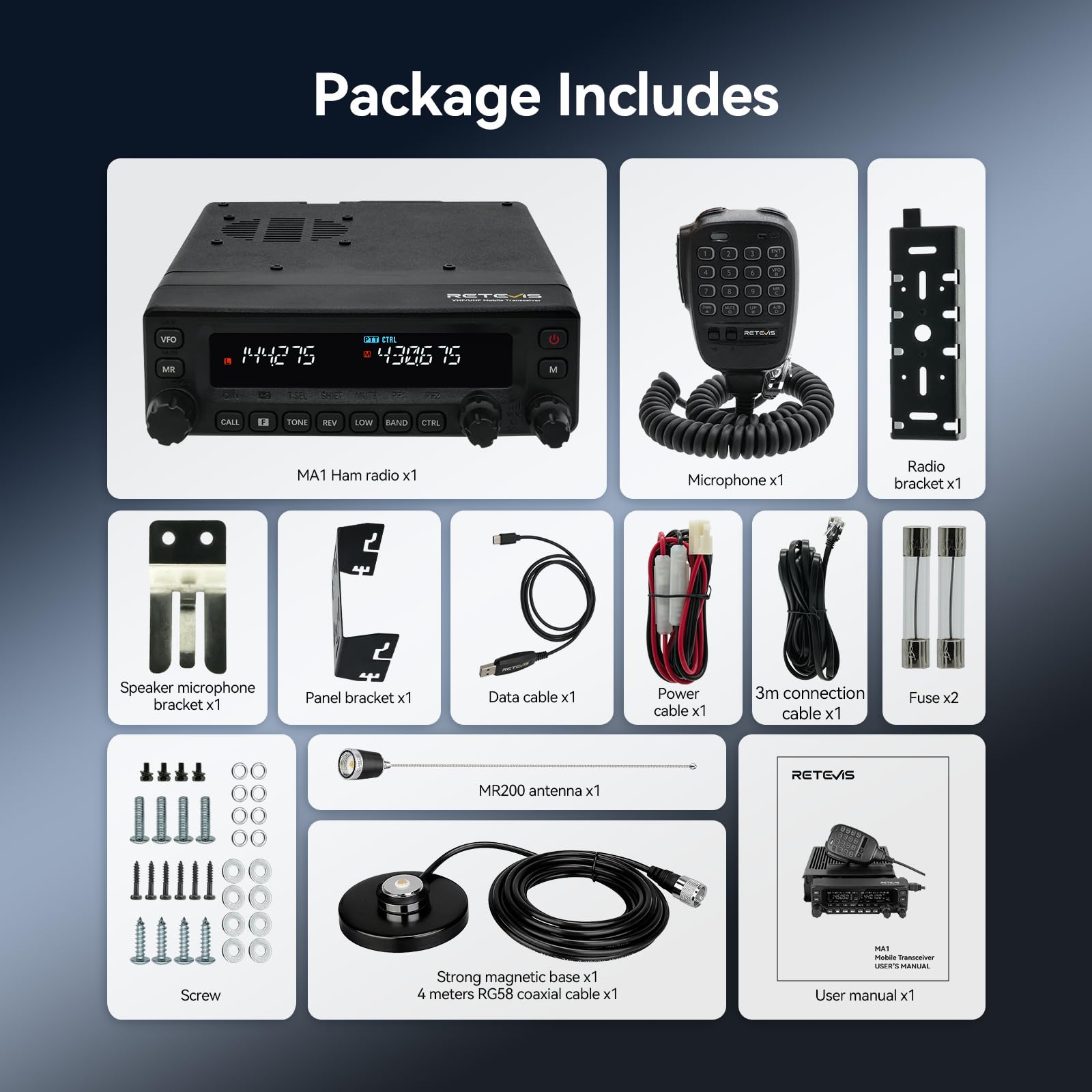 Retevis MA1 Radio Amateur con Antena, Transceptor Móvil con Panel de Control Desmontable, Repetidor Multibanda, Largo Alcance, 2m/70cm/FM/AM, VFO, Radio Amateur para Respuesta a Emergencias (1 Pieza)