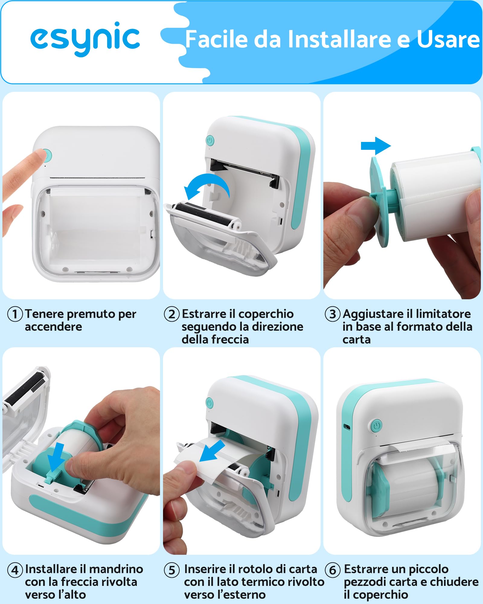 eSynic Mini Etichettatrice Bluetooth e USB con Carta 40x20mm, Cartuccia Visibile con Rullo Rimovibile, Stampante Termica Compatibile con Etichetta 20x10–50x50mm, Ideale per Casa, Ufficio, Studio