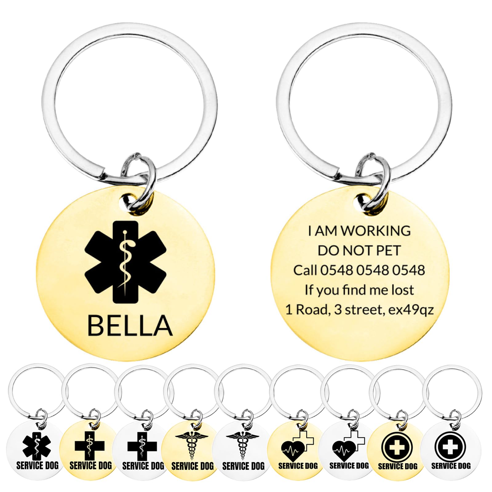 Personalised Emotional Support Animal (ESA) and Service Dog Cat ID Tags Customised Info Engraved Stainless Steel Tag Rings for Therapy Pets Do Not Pet 3x3cm (Name Style)