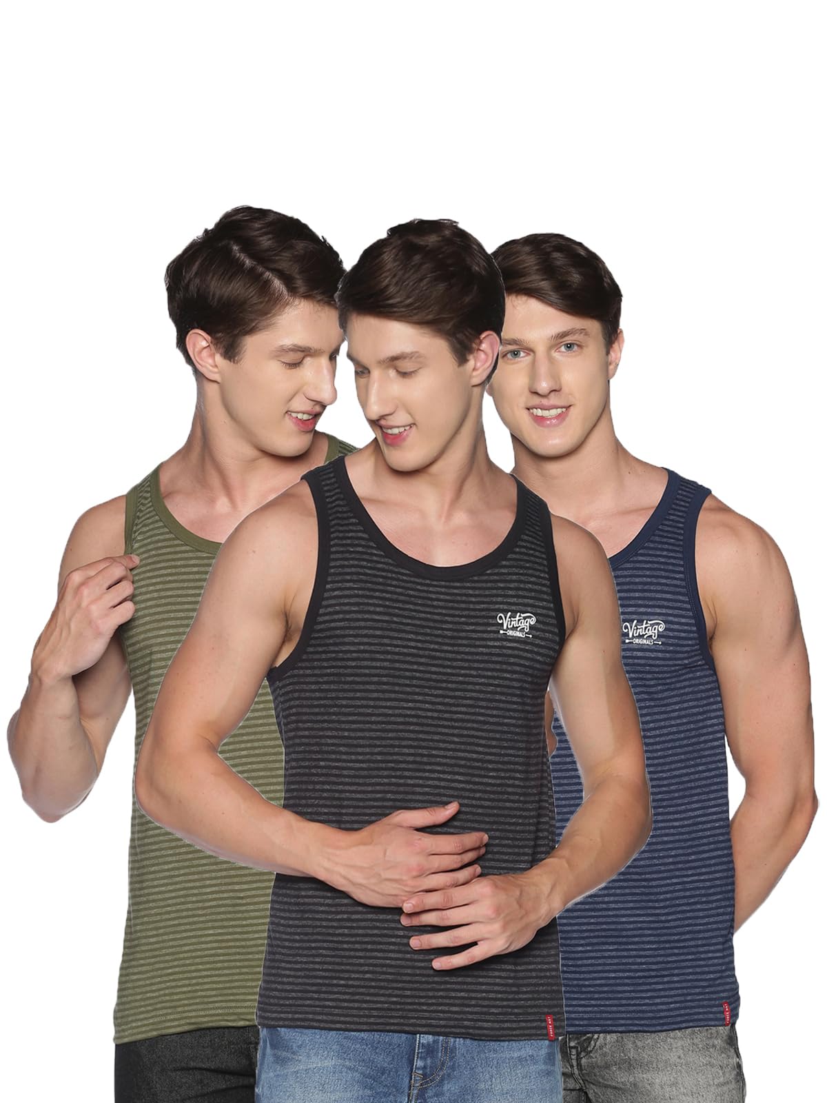 force nxt Printed Gym Vest for Men Pack of 3 (Black, Navy Blue & Olive Green) |Size- S | Super Combed Cotton Gym Tank | Regular Fit, Scoop Neck Ganji | Breathable, Sleeveless Men's Sports & Yoga T-Shirt-picture-37