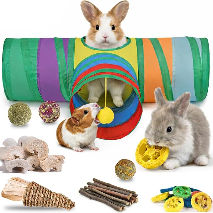 Rabbit Toys, Bunny Tunnels and Tubes with Chew Toys for Grinding Teeth Apple Sticks Bamboo Carrot Loofah and Grass Ball for Rabbit Guinea Pig Chinchilla Ferret Rat