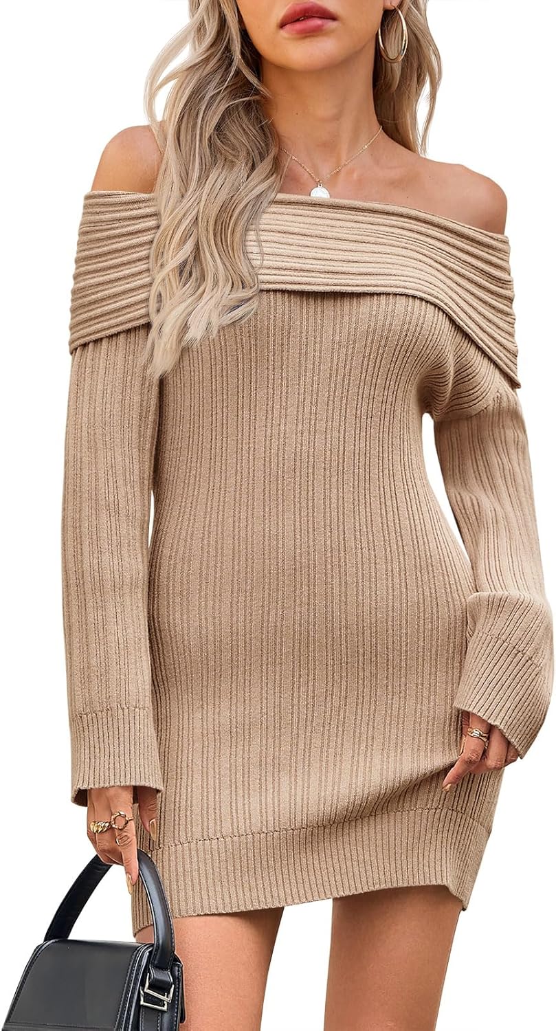 Saodimallsu Womens Off The Shoulder Mini Sweater Dress Bodycon Long Sleeve Ribbed Knit Fall Casual Short Dresses