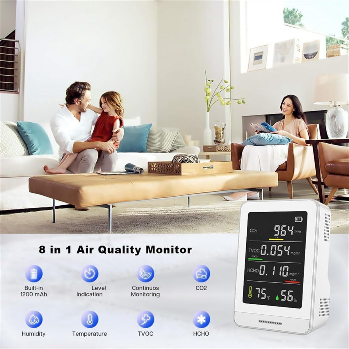 Misuratore di qualità dell'aria per interni ed esterni, rileva CO2, temperatura, TVOC e umidità, misuratore per abitazioni