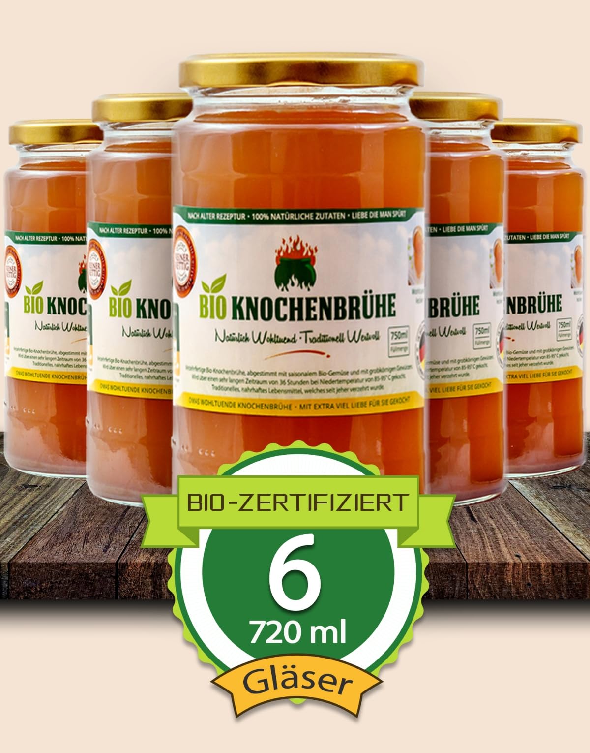 AGADORO Bio Knochenbrühe (6 x 720ml) | 36 Stunden Kochzeit | 100% natürliche Zutaten | nach alter Rezeptur hergestellt | DE-ÖKO-012