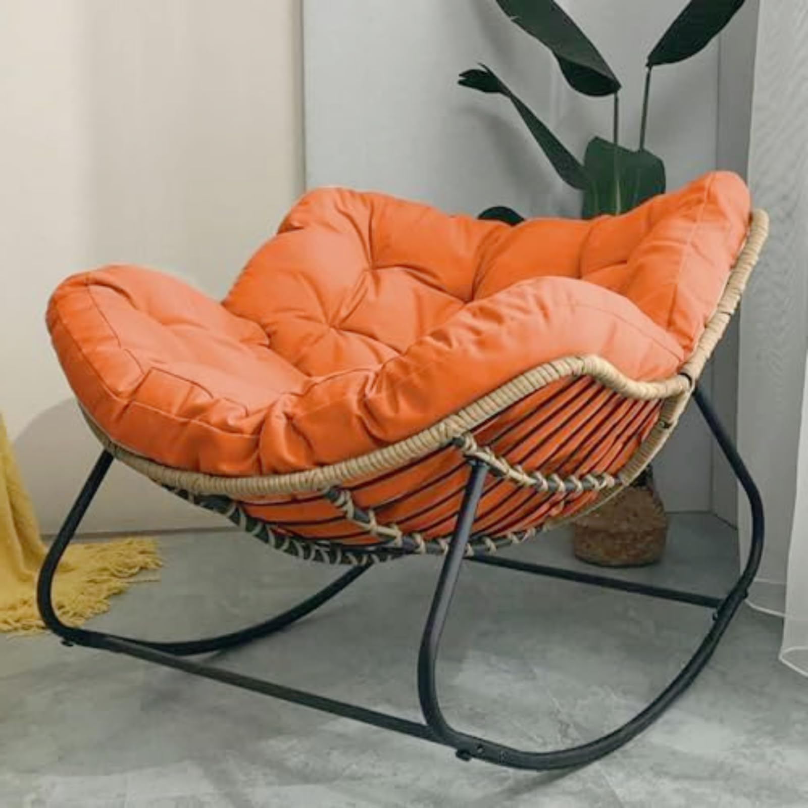 Chaise à bascule en rotin grande taille avec coussins confortables pour adulte et cadre métal