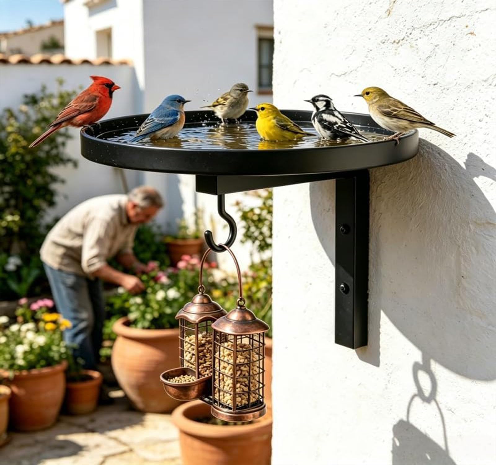 Vaschetta per il bagno degli uccelli in metallo montata a parete, vasca per uccelli all'aperto 2 in 1 e vassoio per mangiatoia con gancio per appendere, per giardino, patio, recinzione, albero (2PC)