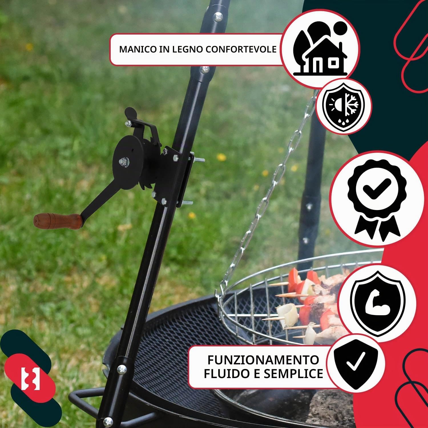KOTARBAU® Tiracavo con manovella per barbecue nero, perfetto per grigliate con salsicce