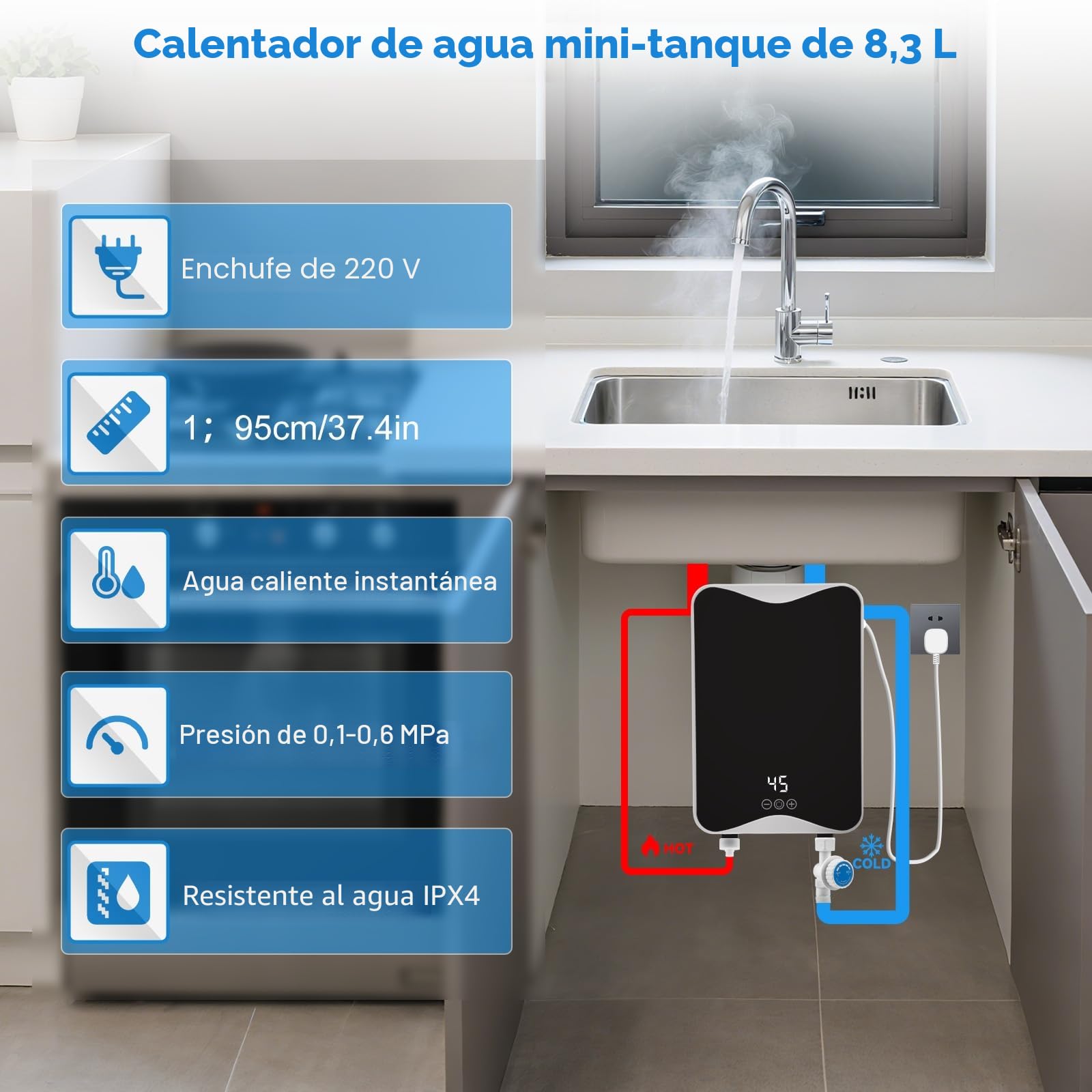 Calentador de Agua Eléctrico 230 V, 5500 W Calentador de Agua Instantáneo, 30–55 ° C, 20 kW, Impermeable IPX4, Mini Calentador de Ducha Eléctrico para Ducha, Baño, Cocina