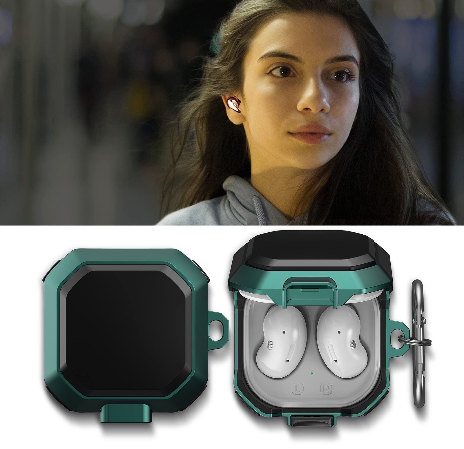 GOKEN Etui na słuchawki Samsung Galaxy Buds Live / Buds2 / Buds Pro / Buds2 Pro, trwały materiał TPU i PC z karabińczykiem zapewnia odporność na zarysowania i uderzenia oraz bezpieczną blokadę, czarne