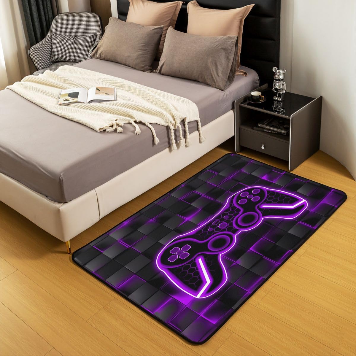 Feelyou Kids Gamer Area Rug 3x5 Purple and Black Rugs for Living Room Bedroom for Boys Teens Room Decor Gaming Ombre Decorative Rug Set Geometric Square Indoor Floor Mat