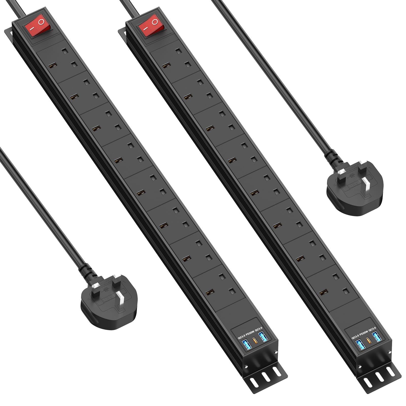 2 Packs - 8 Way Power Strip Surge Protector USB C PD20W, Wall Mount Power Strip for Home Office, 1.8M Cable Extension Cord, Black