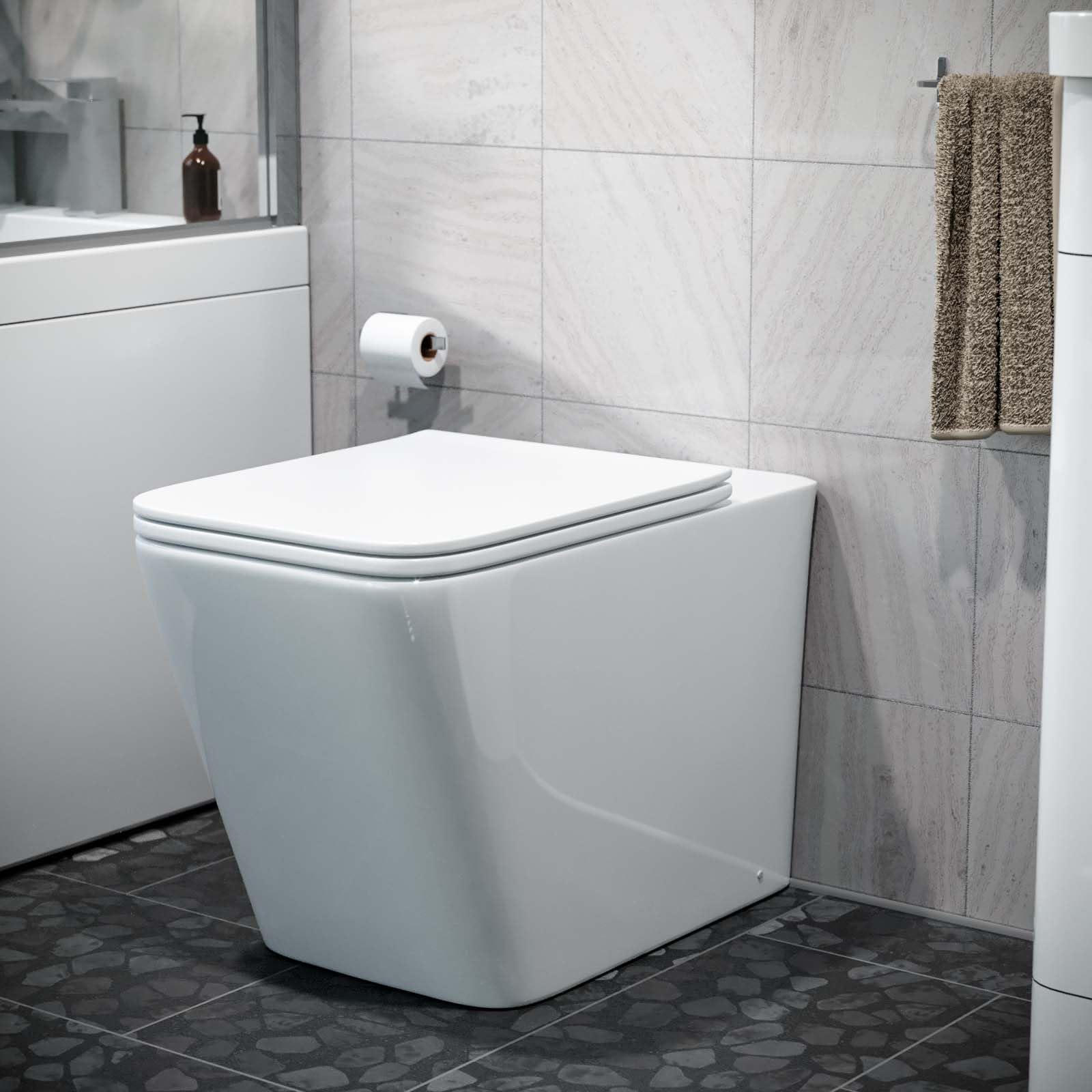 Luxury Square Rimless Back to Wall Toilet Pan with UF Seat White