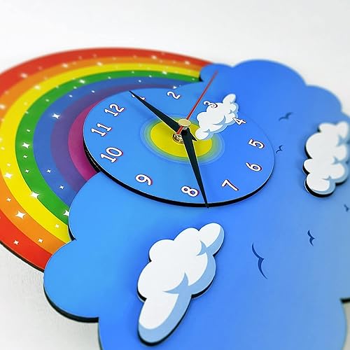 Miniatura 2 de Reloj de pared con péndulo de unicornio arcoíris, vista 3D, reloj oscilante analógico para niños, decoración de unicornio, reloj de pared de madera