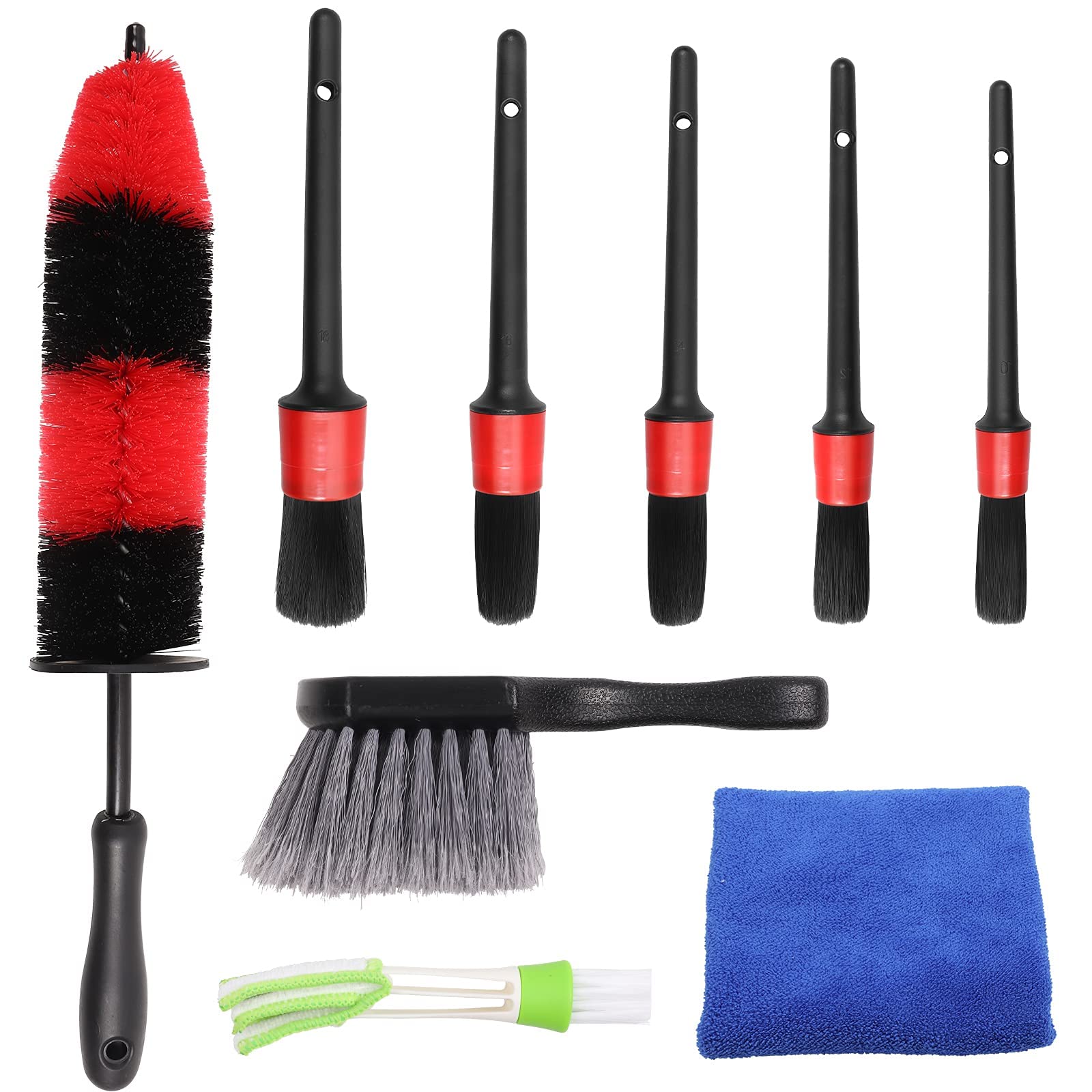 9Pcs Car Detailing Brushes Kit for Washing Wheels, Interior, Exterior, Car Cleaning Supplies Including Long Handle Rim Brush, Car Wheel Brush, Detailing Brushes Set, Vent Duster, Towels