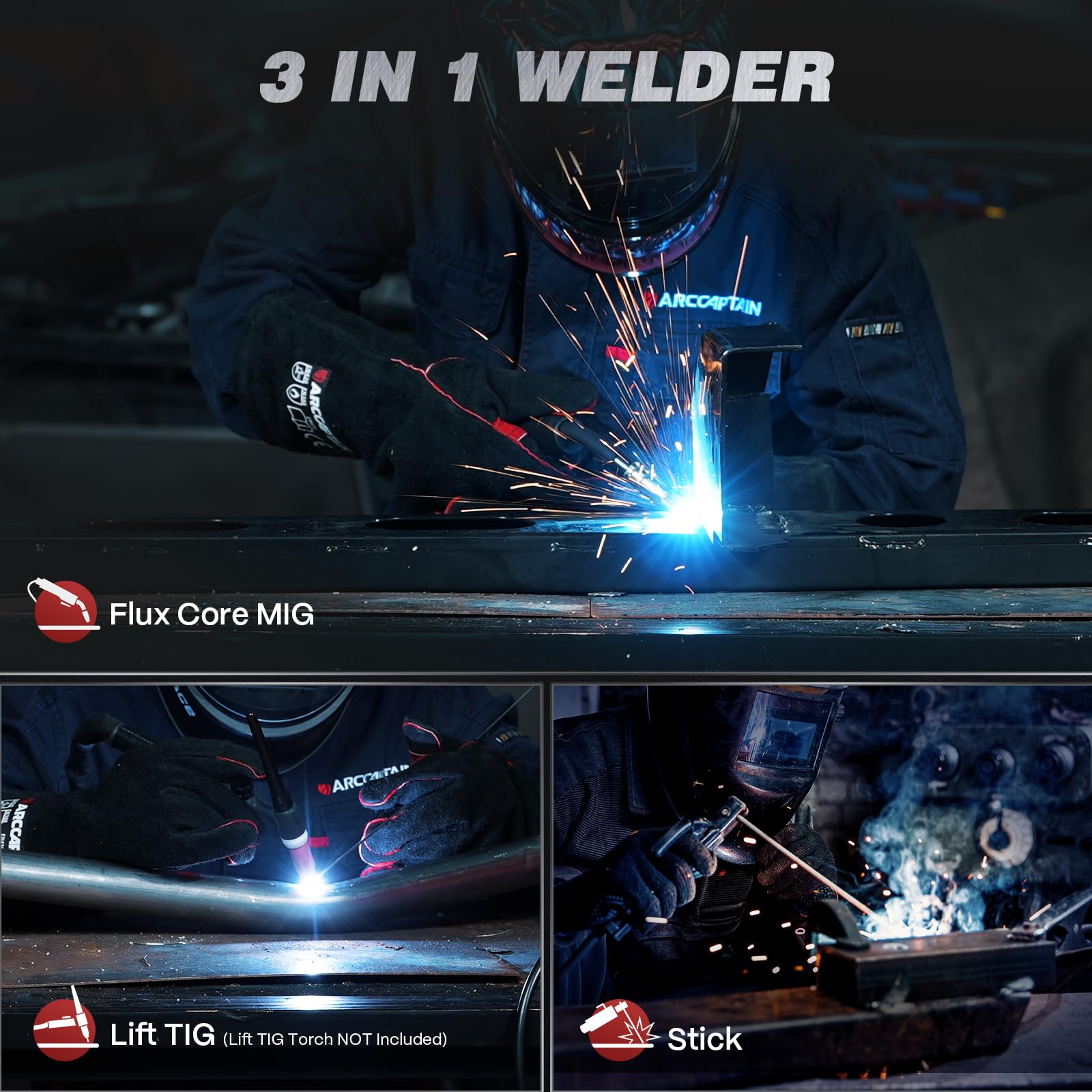 ARCCAPTAIN 135A Flux Core MIG Welder 110V 3-in-1 Gasless MIG Stick Lift TIG — Amazon image 3