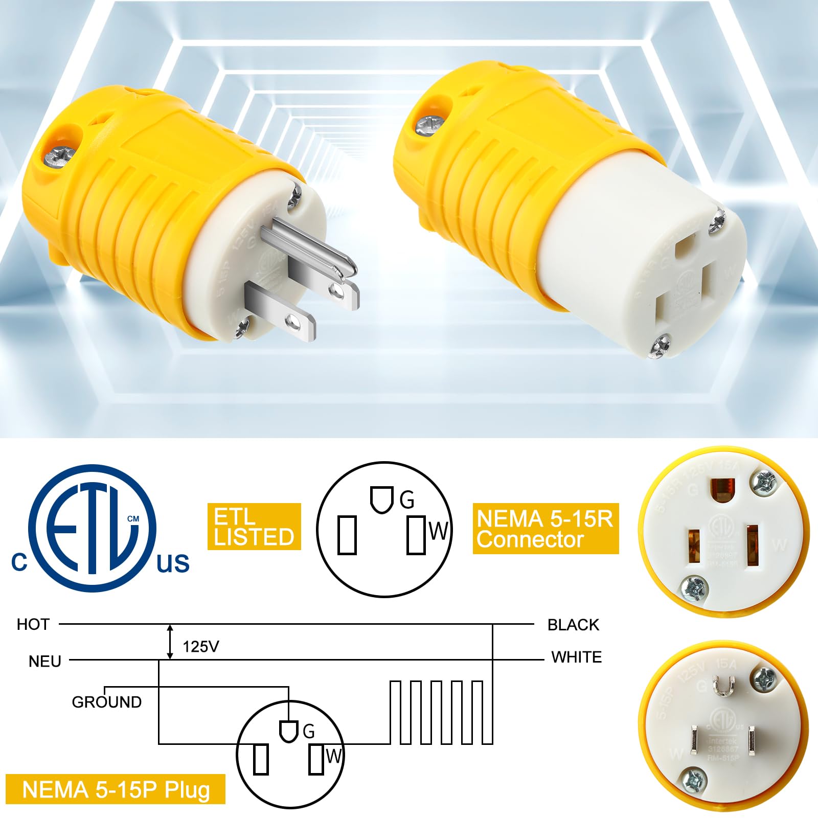 Sherr Lot de 8 embouts de rallonge 15 A 125 V 2 pôles 3 fils de rechange robustes mâles femelles 5-15P 5-15R Type de mise à la terre certifié ETL (mâle, femelle)