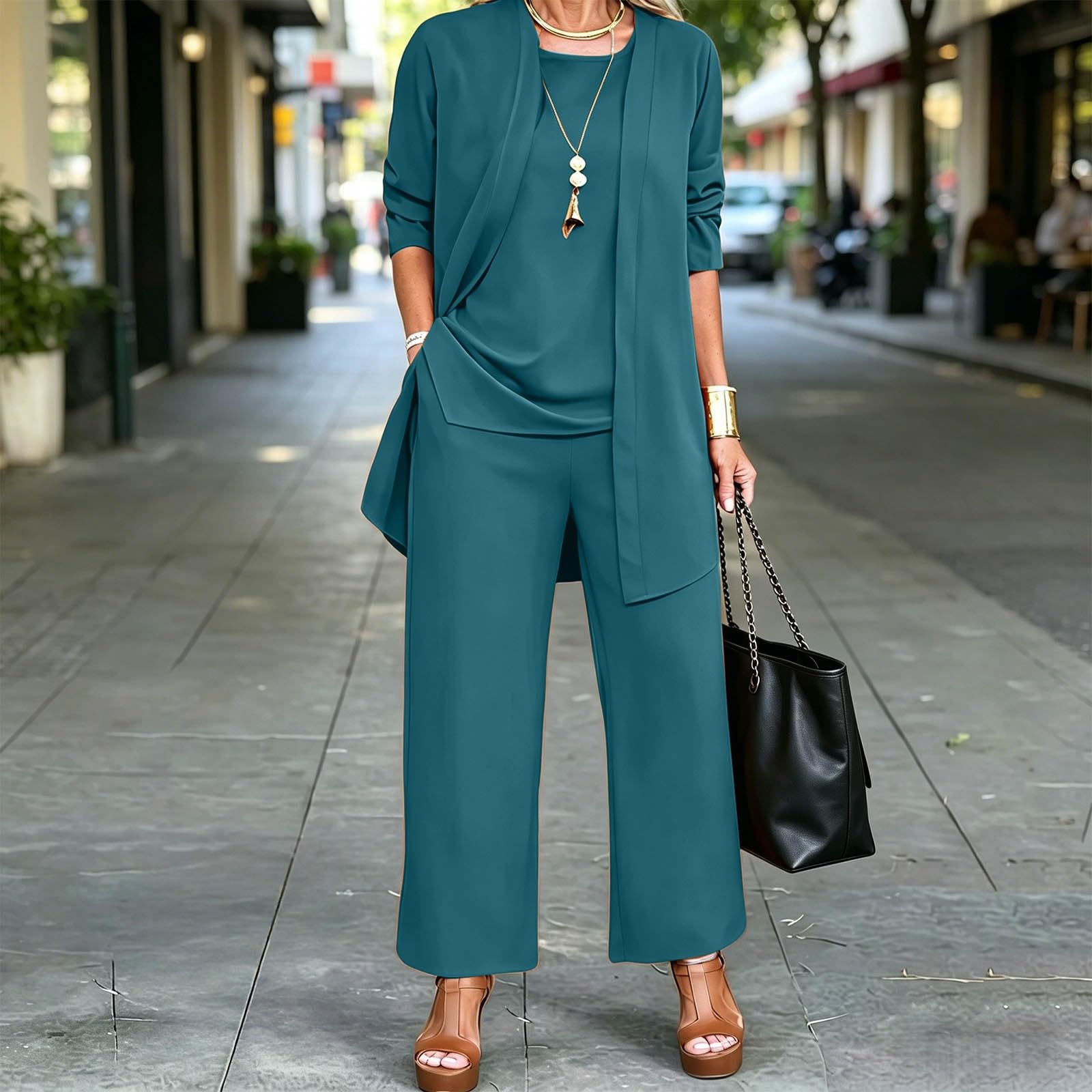 Hosenanzug Damen Festlich Elegant 3 Teiliges mit Cardigan,Oberteil und Hose Abendanzug Set Modern Freizeitanzug Große Größen Anzug Hochzeit Hosenanzüge Casual Sportlich Outfit Leicht Sommer Dreiteiler