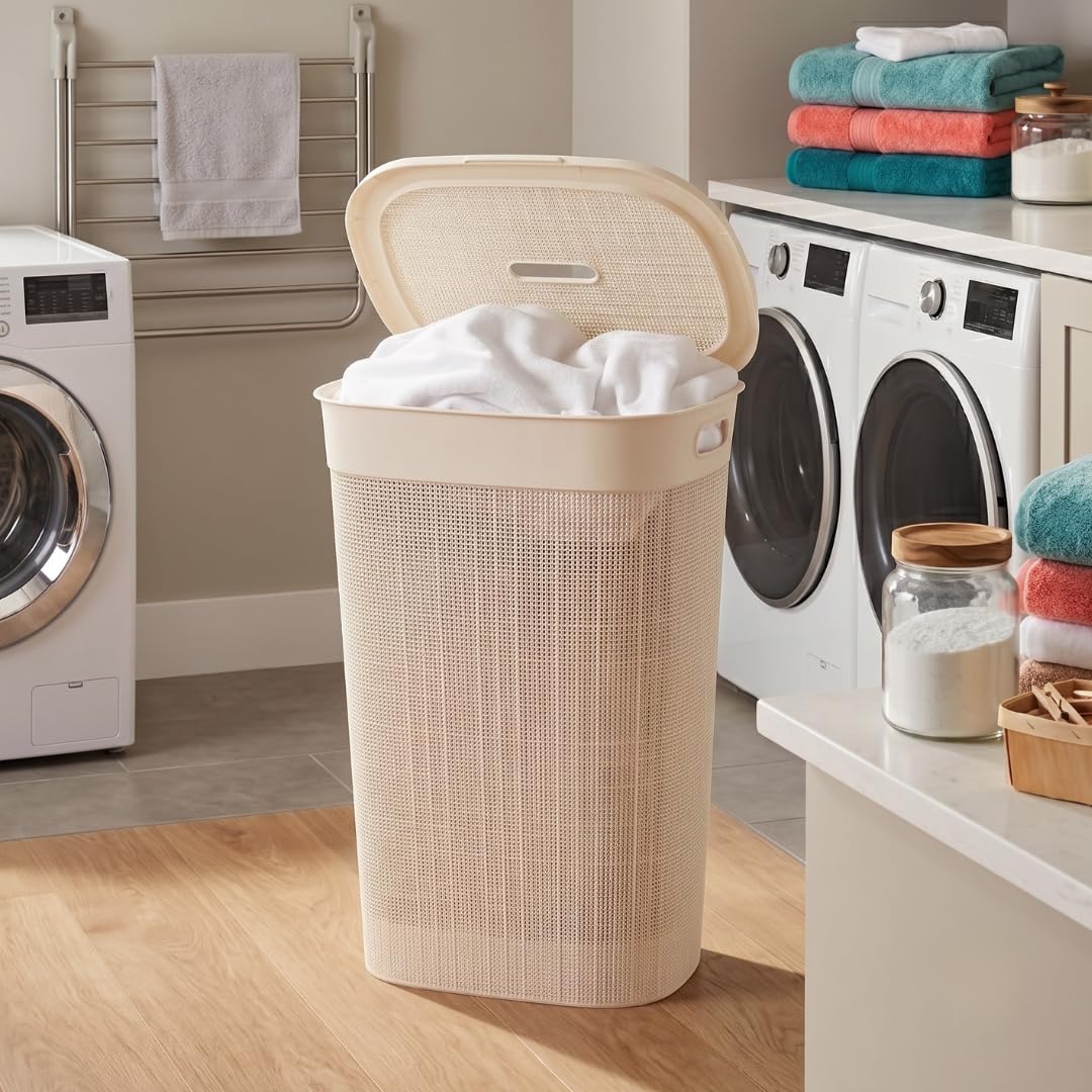70 Ltr Plastic Big Laundry Basket for Clothes with Lid & Carry Handles | Lightweight & Ventilated Design Cloth Basket - Ideal for Home Organization and Storage | Pink-image-12