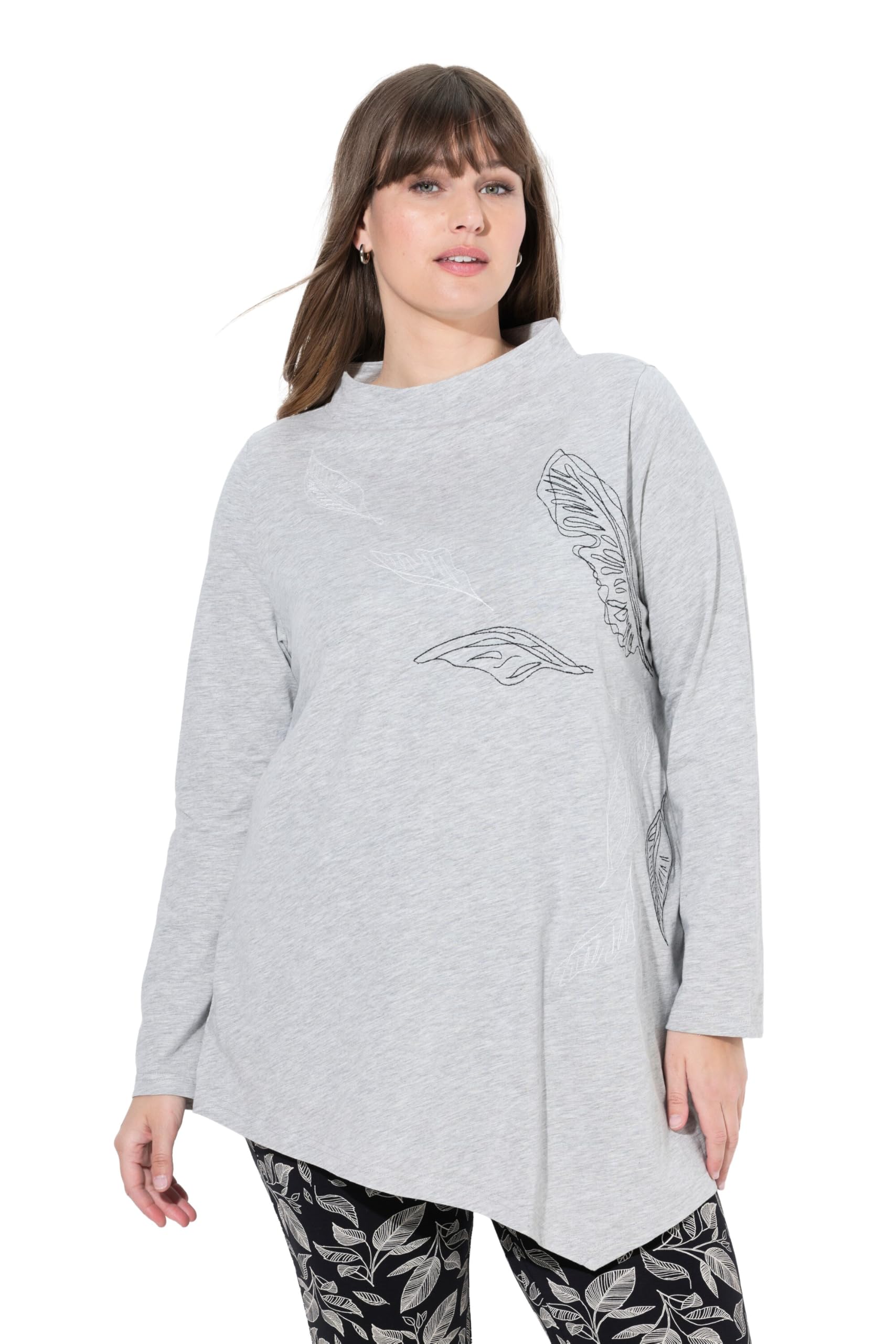 Ulla Popken Damen große Größen Übergrößen Plus Size Longshirt, Stickerei, Stehkragen, Langarm, Biobaumwolle 843313