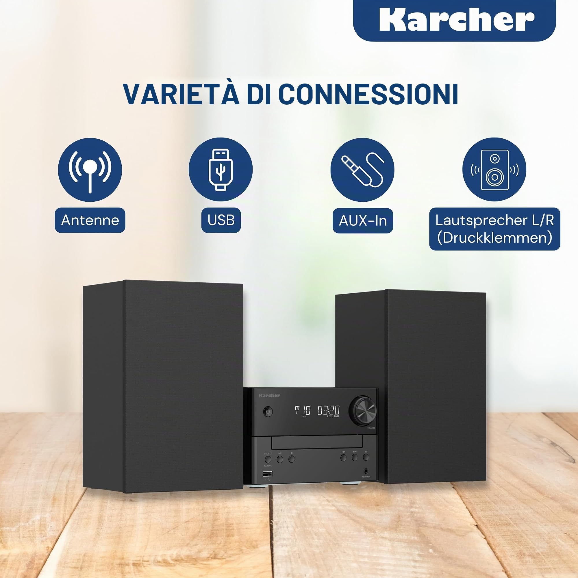 Karcher MC 6475D - Impianto stereo compatto con lettore CD, radio DAB+ / FM, Bluetooth 5.4, riproduzione MP3 tramite USB/AUX, centro musicale con 20 Watt RMS, sveglia e telecomando