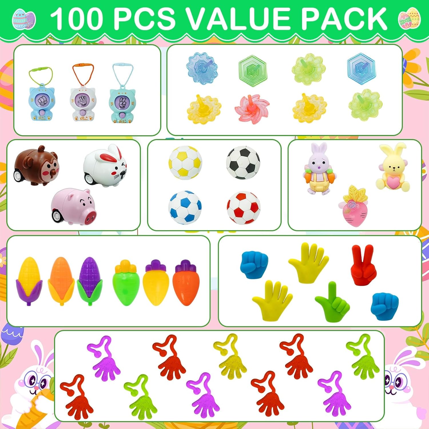 [6 Golden Surprise Eggs] 100 PCS Prefilled Easter Eggs with Assorted Toys, Plastic Easter Eggs Fillers with Toys for Kid Toddler Boys Girls Easter Hunt Prizes Basket Stuffers Party Favors