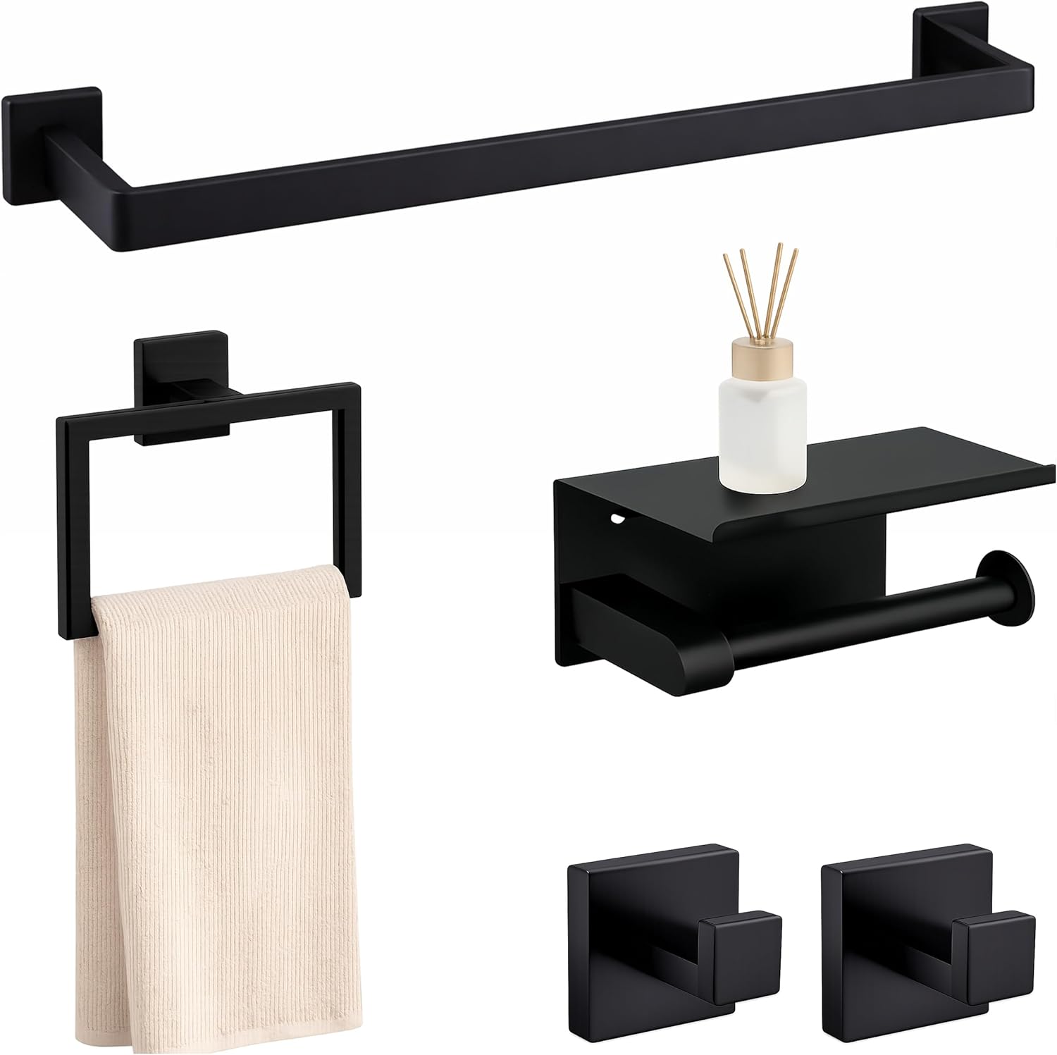 5-Piece Matte Black Bathroom Hardware Set, Stainless Steel Bath Towel Bar Set with Storage Shelf Paper Holder Wall Mounted Bathroom Accessories Kit for Hotel and Home Includes 23.6" Towel Rail