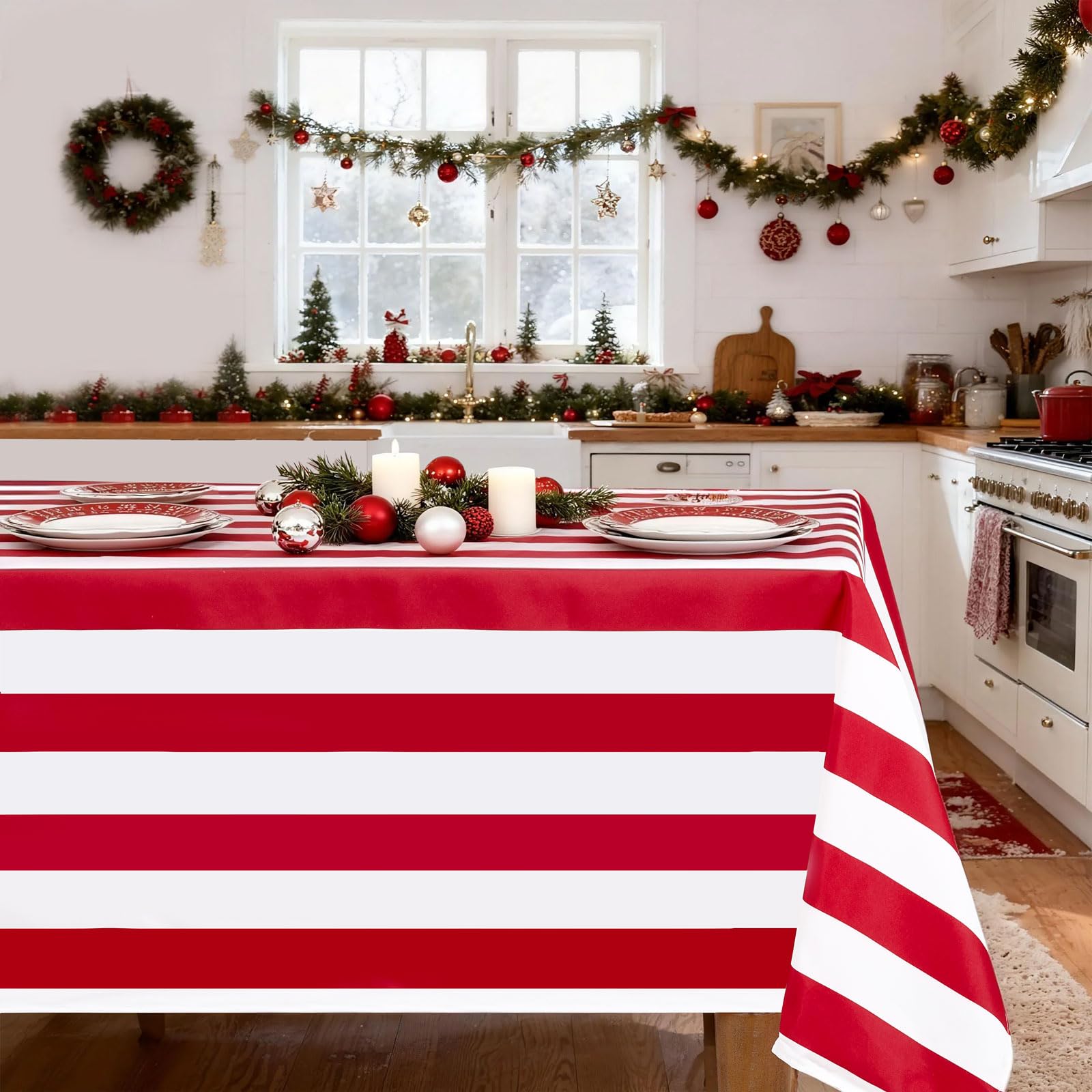 BrillShine Red White Striped Table Cloth Rectangular Polyester Tablecloth for Party Carnival Christmas Outdoor Birthday Circus Picnic Decoration 140 x 210 cm
