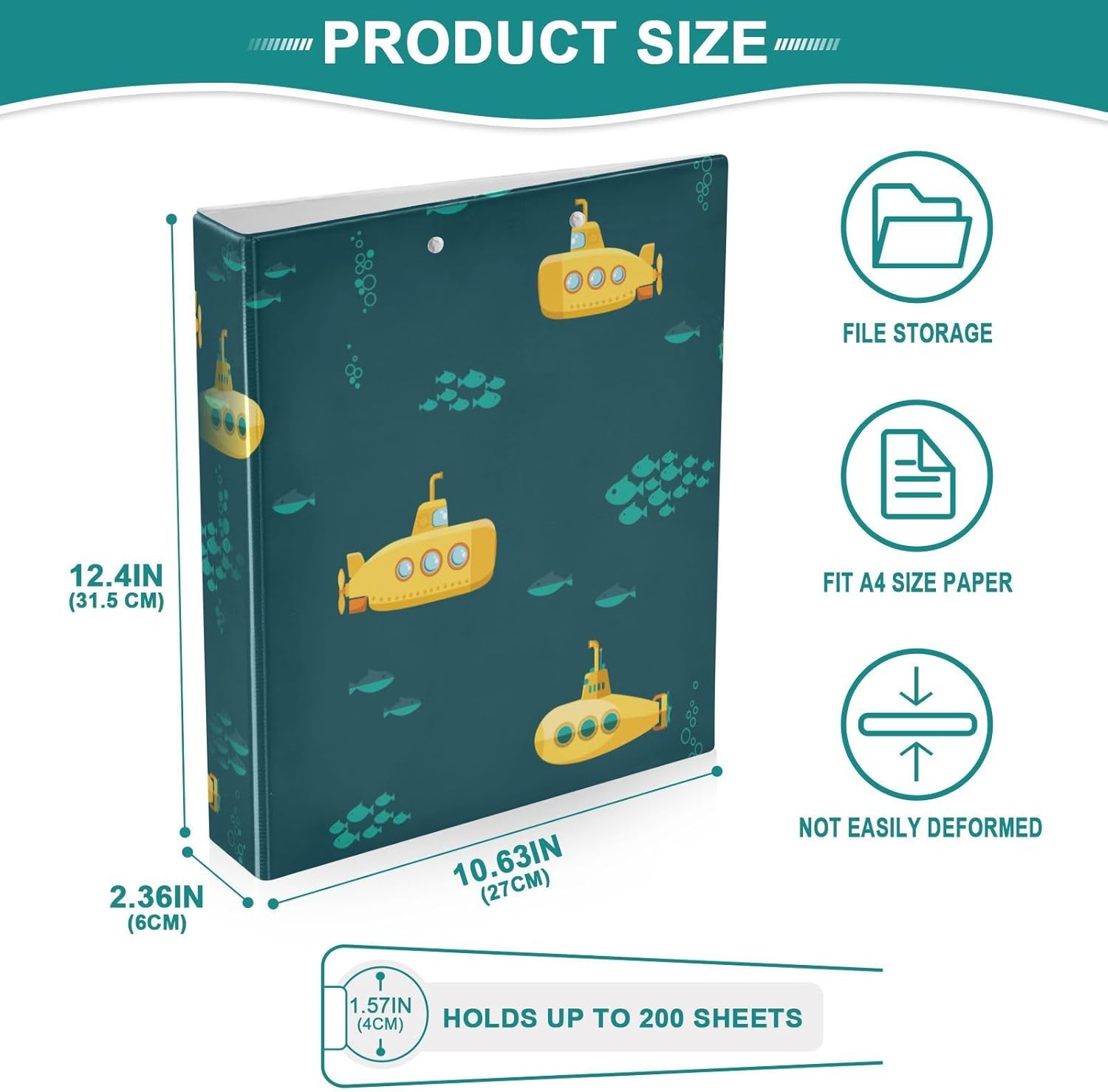 Cartoon Yellow Submarine Decorative 3 Ring Binder 1.5 Inch Large View Binders with Pockets File Organizer for Office College School, 2 Pack
