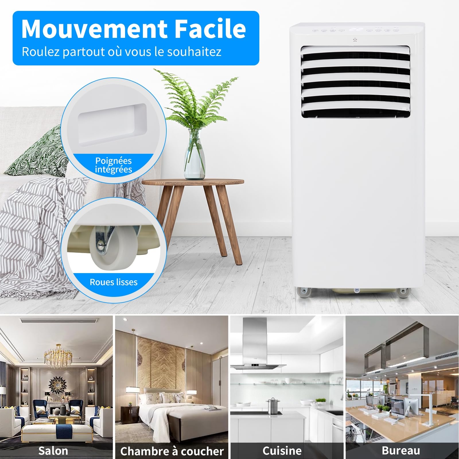LEADZM Climatiseur Mobile Portable, Climatiseur d'Air Mobile 12000BTU，Contrôle Wi-Fi Intelligent,3-en-1 Déshumidificateur, Ventilateur, Minuterie 24h