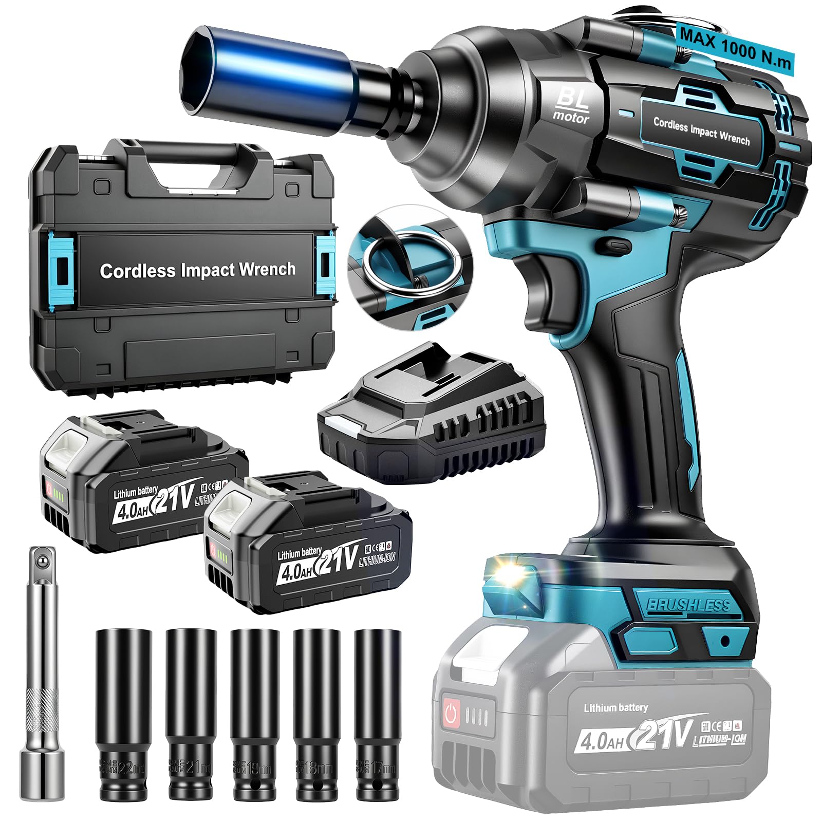 YEARTOP Pistola de Impacto a Batería Aflojado 1200 Nm con 2x 4.0Ah Baterías